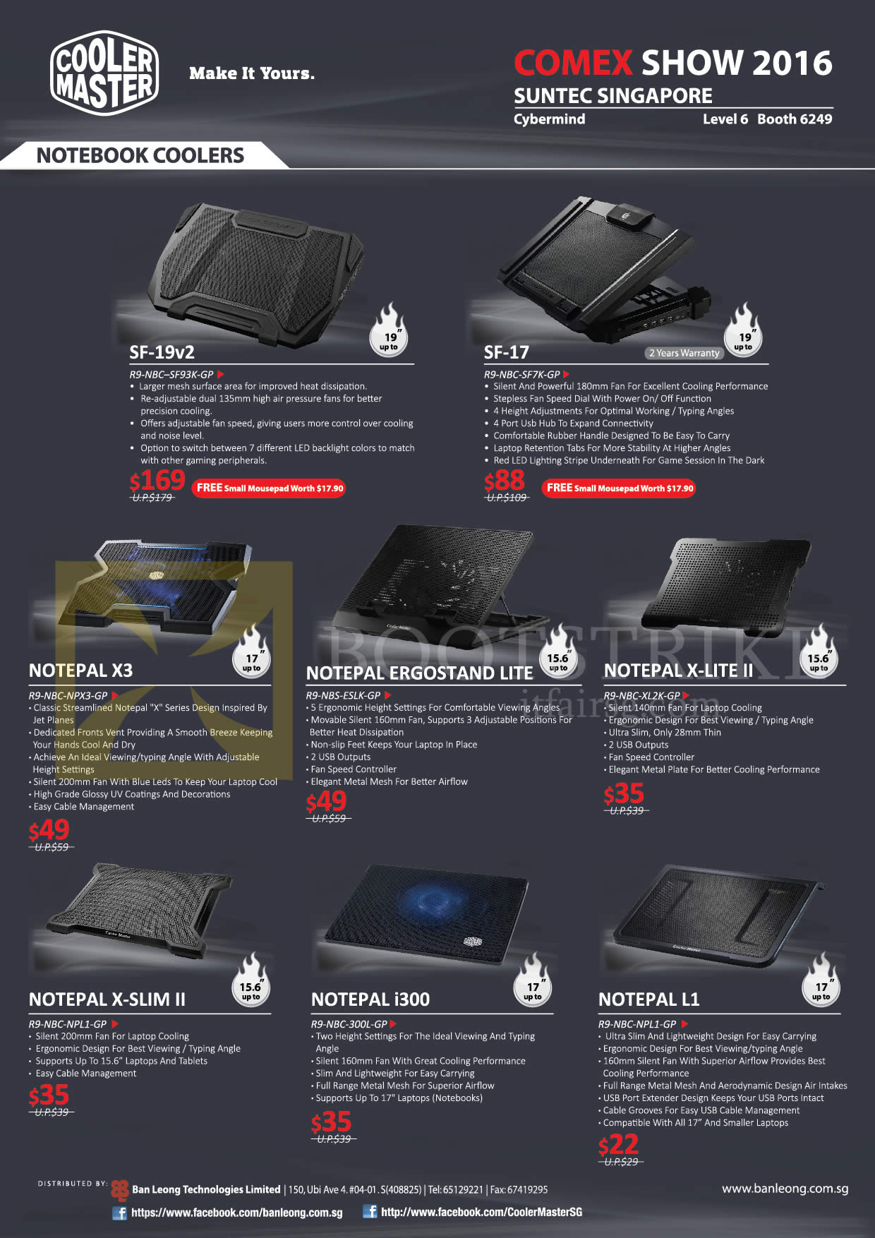 COMEX 2016 price list image brochure of Cybermind Cooler Master Notebook Coolers, SF-19v2, 17, Notepal X3, Ergostand Lite, X-Lite II, X-Slim II, I300, L1