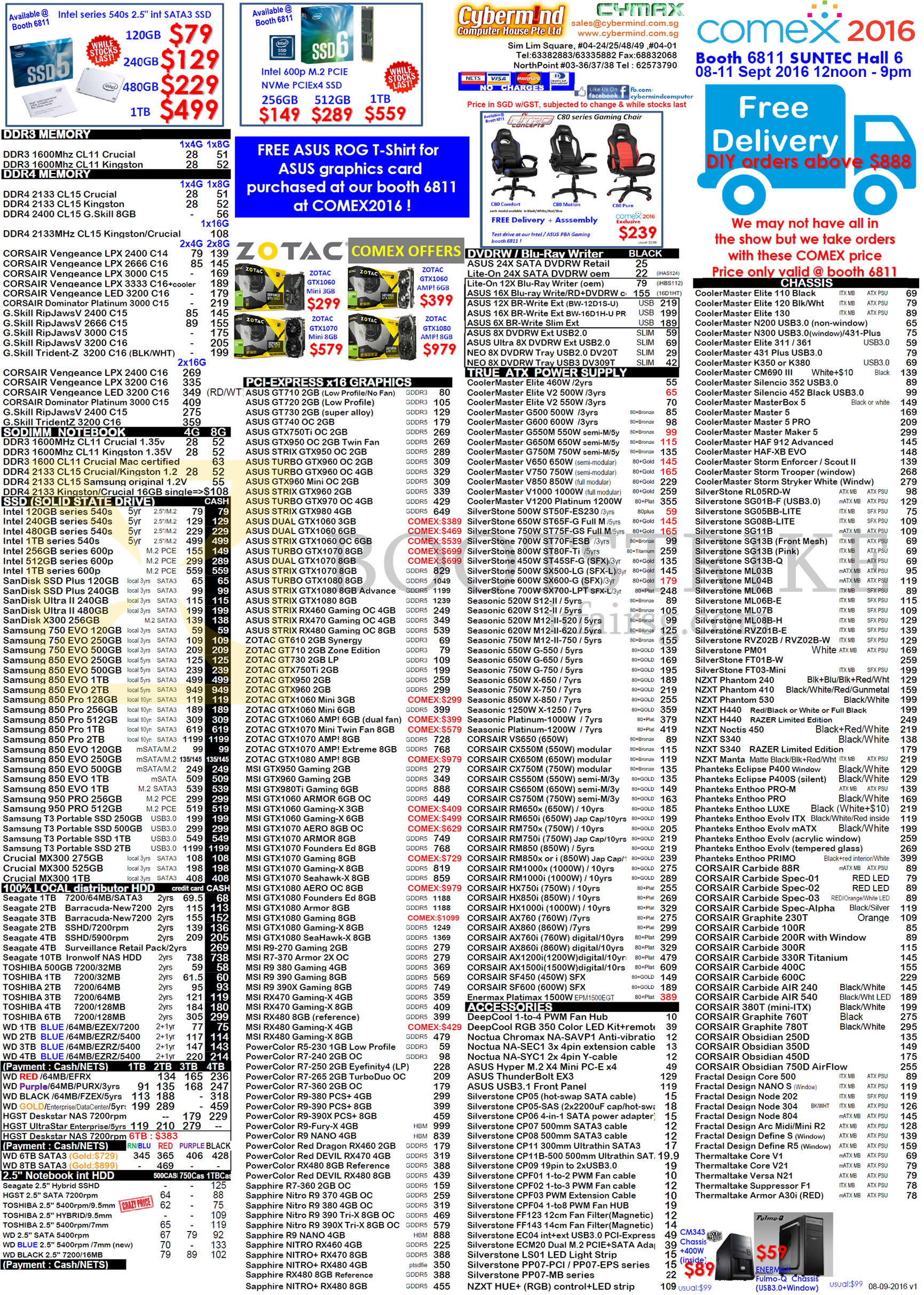 COMEX 2016 price list image brochure of Cybermind DDR3, DDR4 Memory, Notebooks, SSDs, HDDs, DVD RW, Power Supply, Accessories, Seagate, Corsair, Samsung, SanDisk, WD, Toshiba