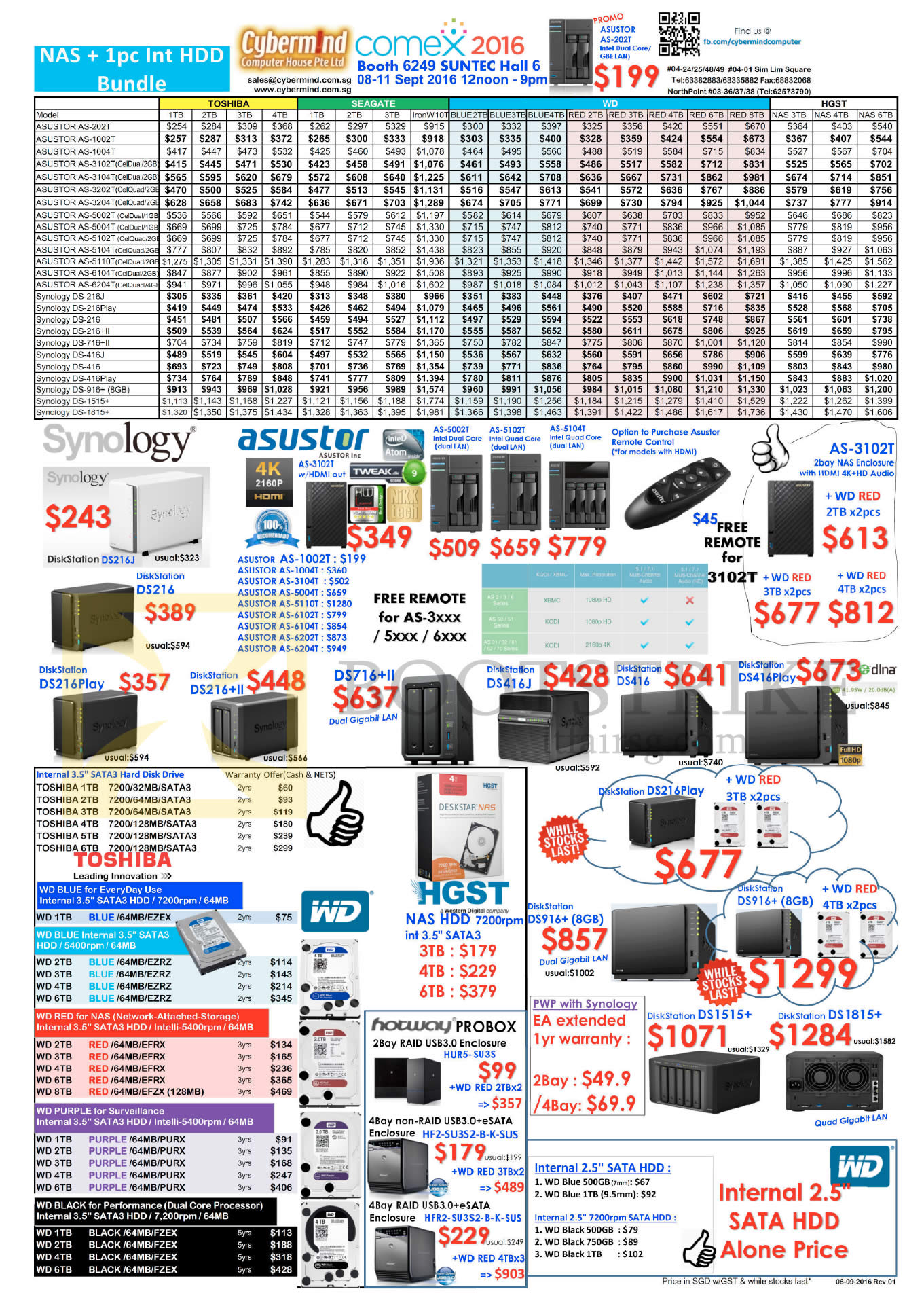 COMEX 2016 price list image brochure of Cybermind NAS, Hard Disk Drives, Synology, Asustor, Toshiba, WD, Western Digital, HGST