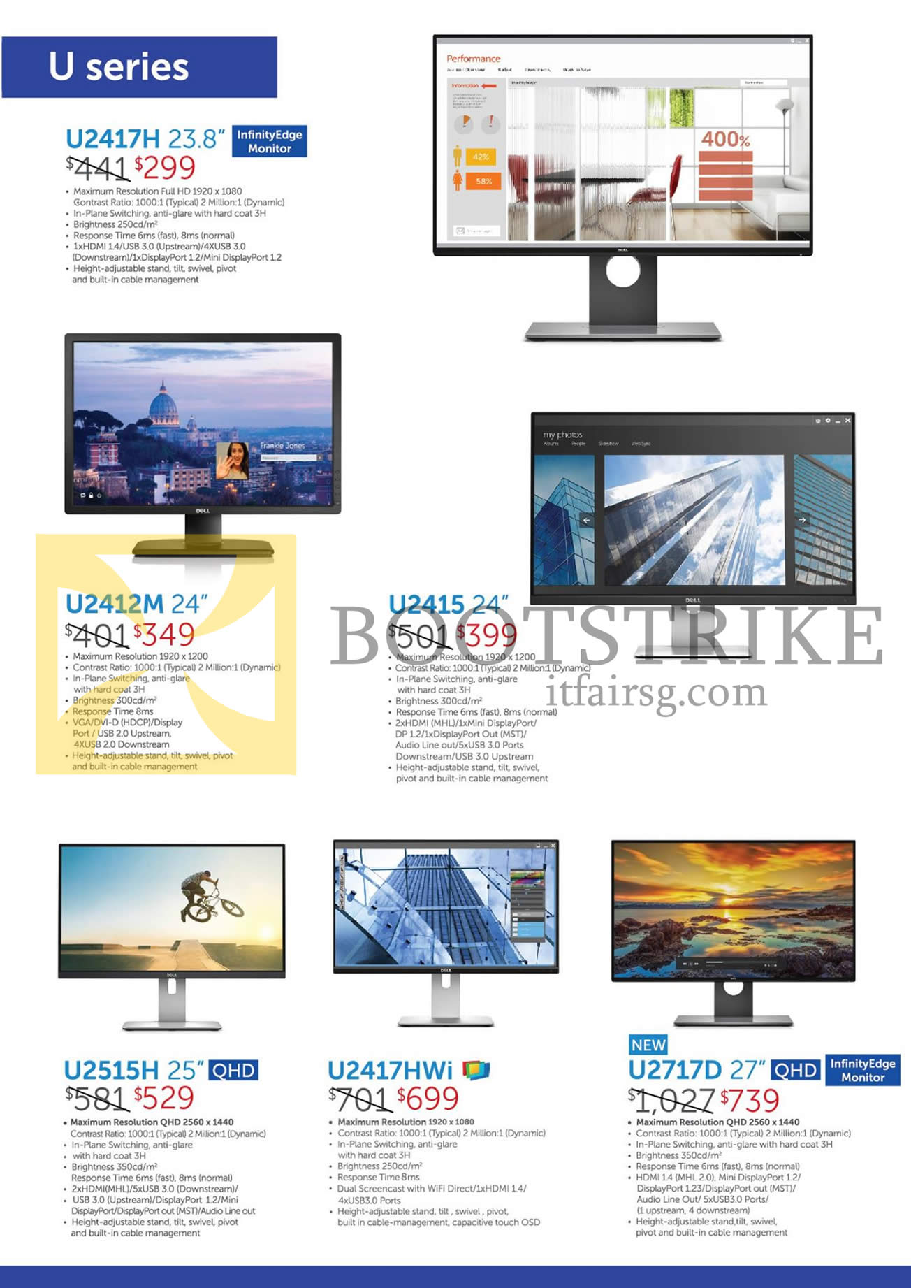 COMEX 2016 price list image brochure of Dell Monitors InfinityEdge U2417H, U2412M, U2415, U2515H, U2417HWi, U2717D