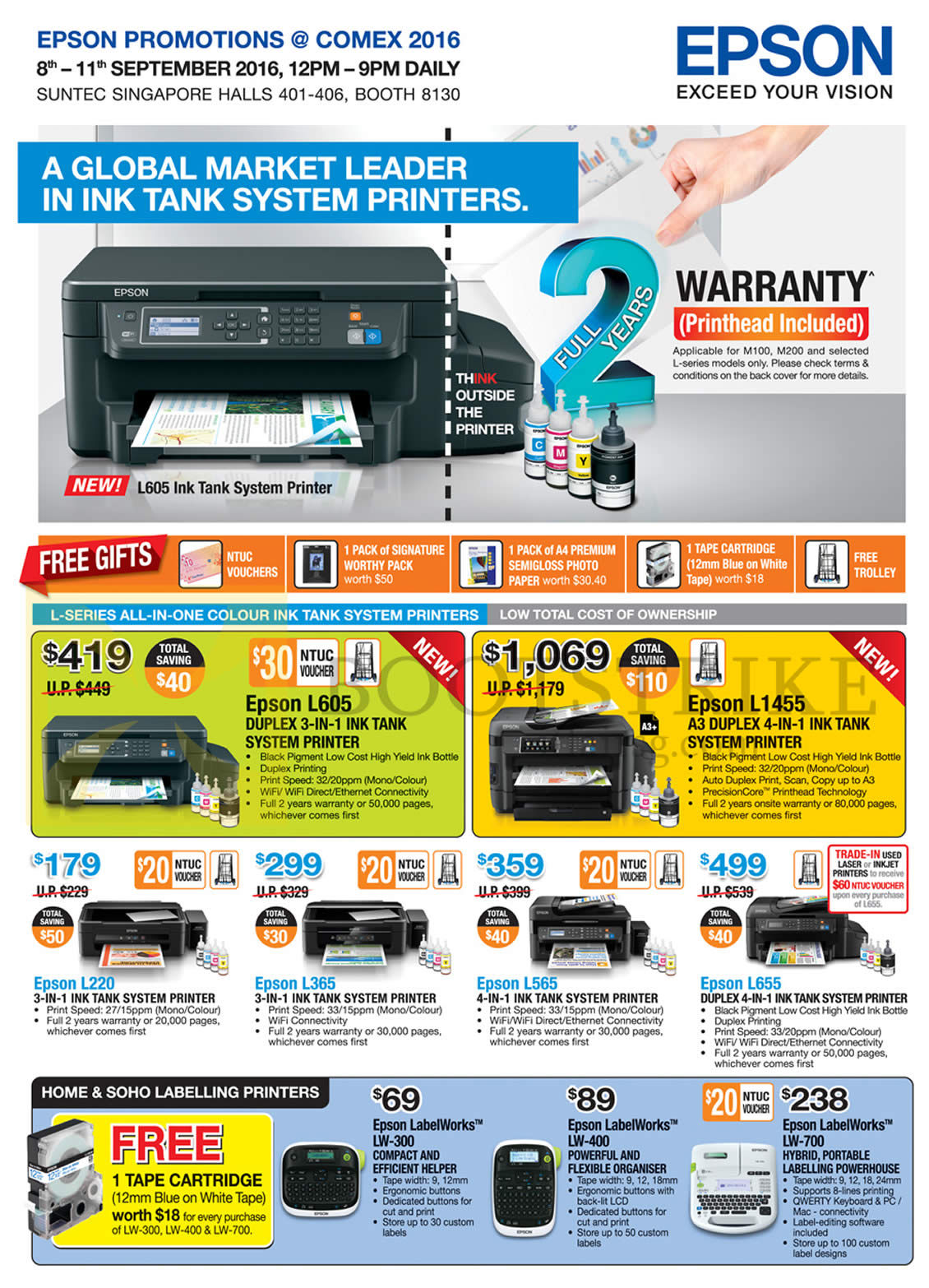 COMEX 2016 price list image brochure of Epson Printers, Labellers, L605, L1455, L220, L365, L565, L655, LW-300, LW-400, LW-700
