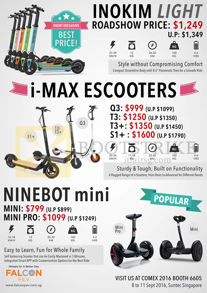 COMEX 2016 price list image brochure of Falcon Inokim Light, I-Max EScooters Q3 T3 S1, Ninebot Mini Scooter, Mini Pro