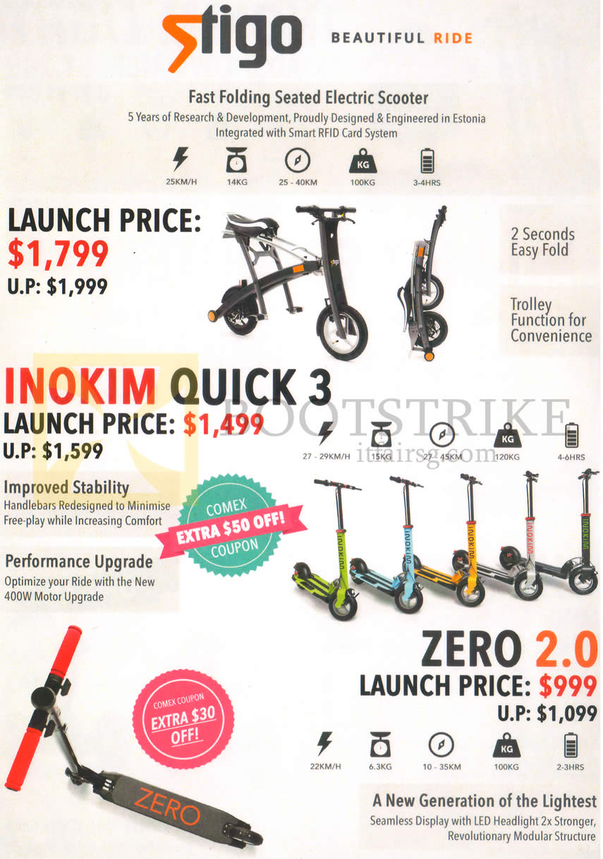 COMEX 2016 price list image brochure of Falcon Stigo Electric Scooter, Inokim Quick 3, Zero 2