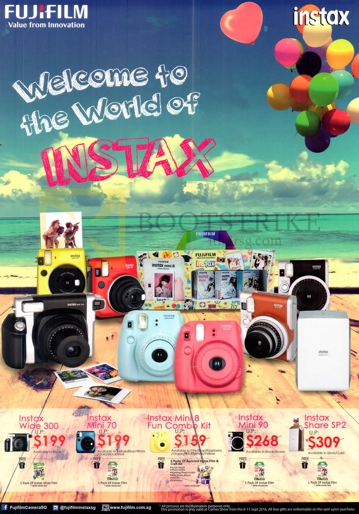 COMEX 2016 price list image brochure of Fujifilm Digital Camera Instax Accessories Wide 300, Mini 70, Mini 8 Fun Combo Kit, Mini 90, Share SP2