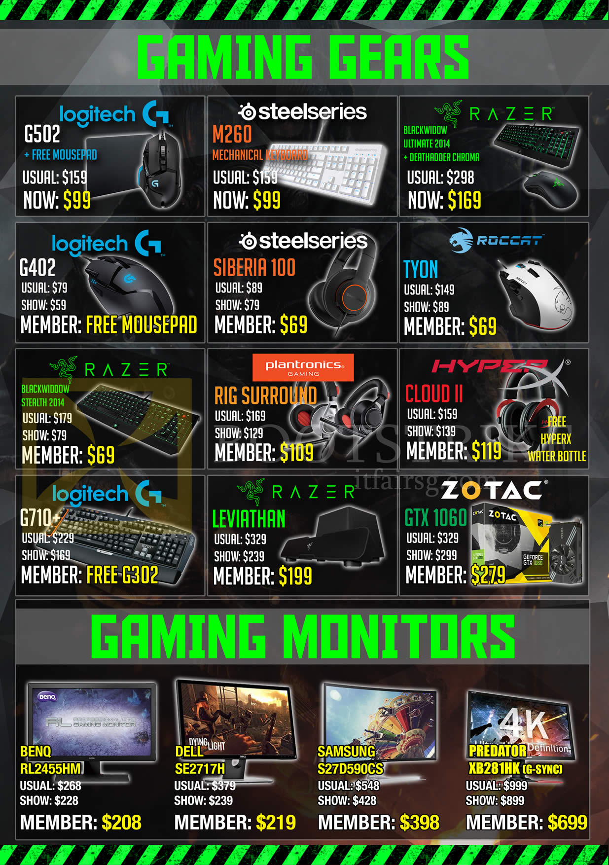 COMEX 2016 price list image brochure of GamePro Monitors, Logitech, Steelseries, Razer, Plantronics, Roccat, Zotac, Dell, Samsung, G502, M260, Tyon, Siberia 100, G402, RIG Surround, Cloud II, G710, Leviathan