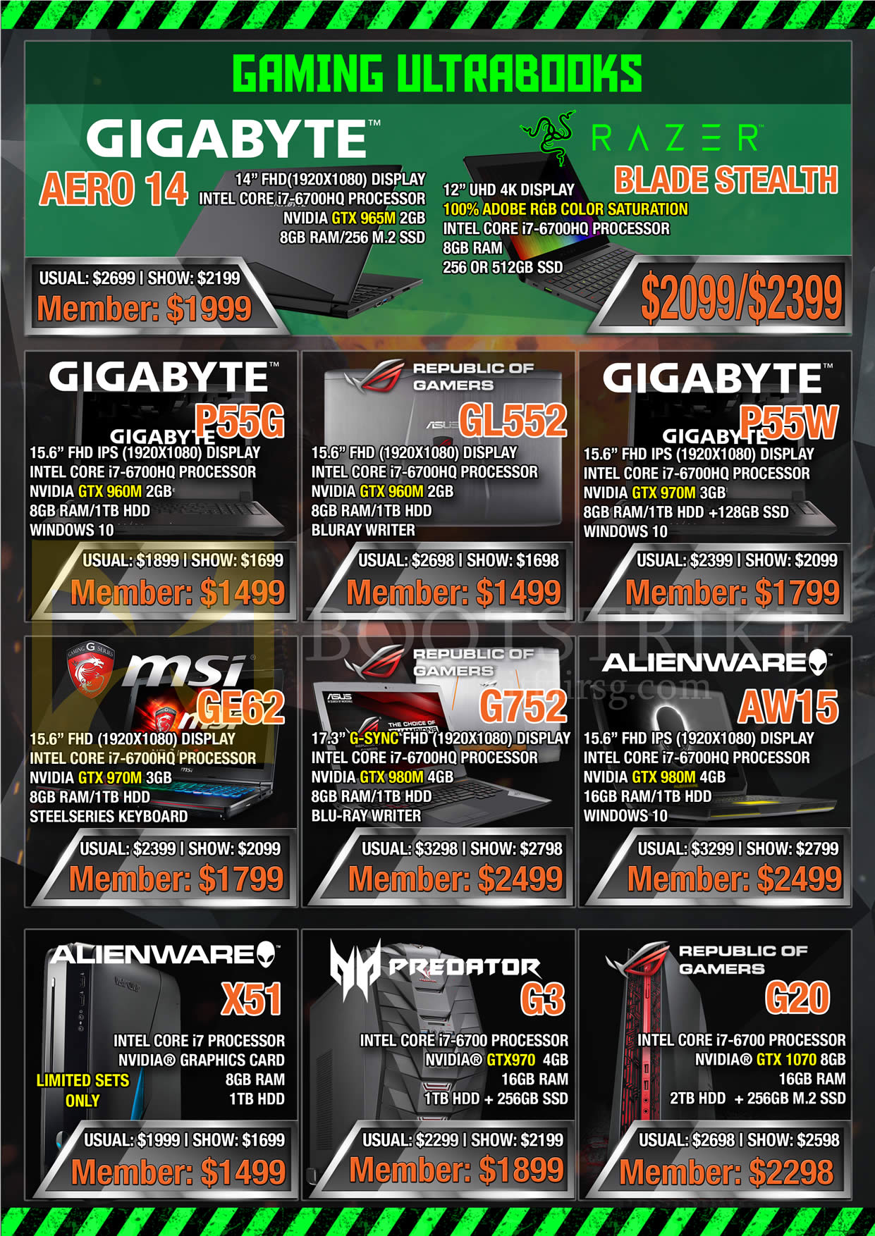 COMEX 2016 price list image brochure of GamePro Notebooks Gigabyte, Republic Of Gamers, Dell, MSI, Aero 14, Blade Stealth, P55G, GL552, P55W, GE62, G752, AW15, X51, G3, G20