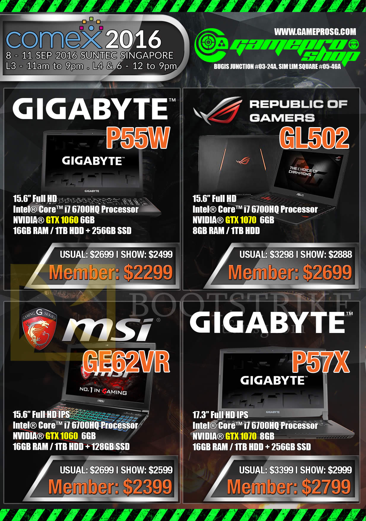 COMEX 2016 price list image brochure of GamePro Notebooks Gigabyte, Republic Of Gamers, MSI, P55W, GL502, GE62VR, P57X