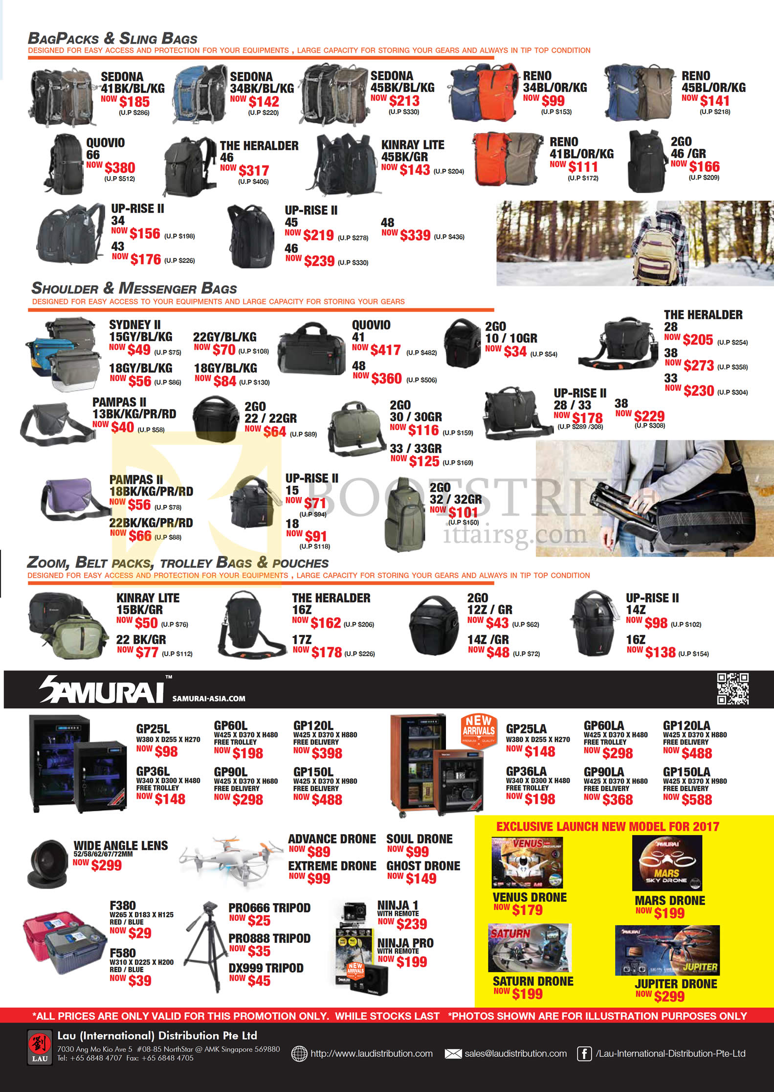 COMEX 2016 price list image brochure of Lau Intl Bagpacks, Sling Bags, Shoulder Messenger Bags, Zoom, Belt Packs, Trolley Bags, Pouches, Samurai