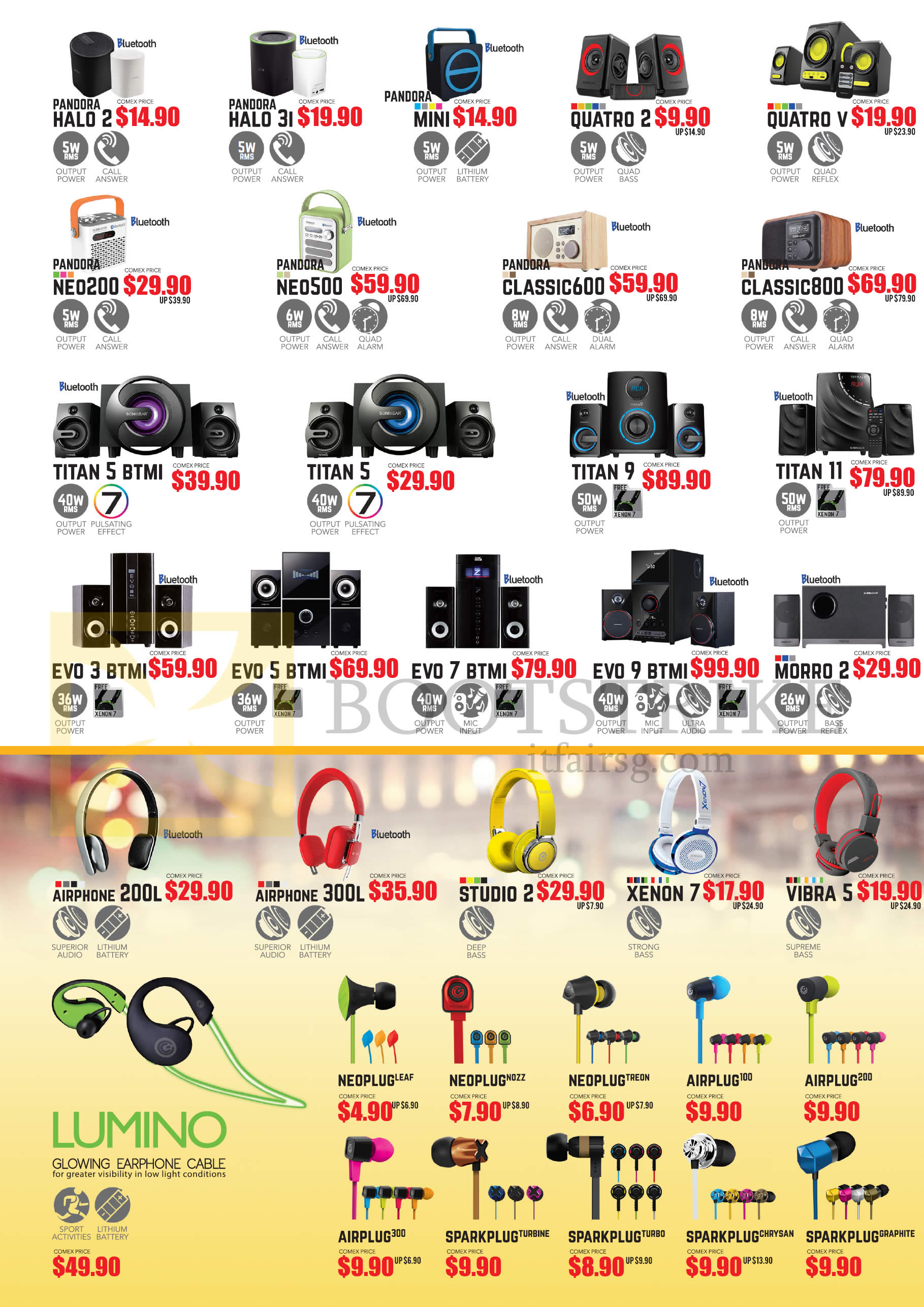 COMEX 2016 price list image brochure of Leapfrog Bluetooth Speakers, Headphones, Earphones, Pandora Halo 2, 3I, Mini, Quatro 2, Neo200, 500, Classic600, Titan 5 BTMI, 5, 9, EVO 3 BTMI, Airphone 200L, 300L