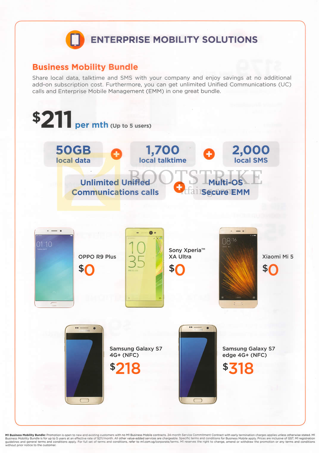 COMEX 2016 price list image brochure of M1 Business Mobility Bundle, Mobile Phones Oppo R9 Plus, Sony Xperia ZA Ultra, Xiaomi Mi 5, Samsung Galaxy S7, S7 Edge