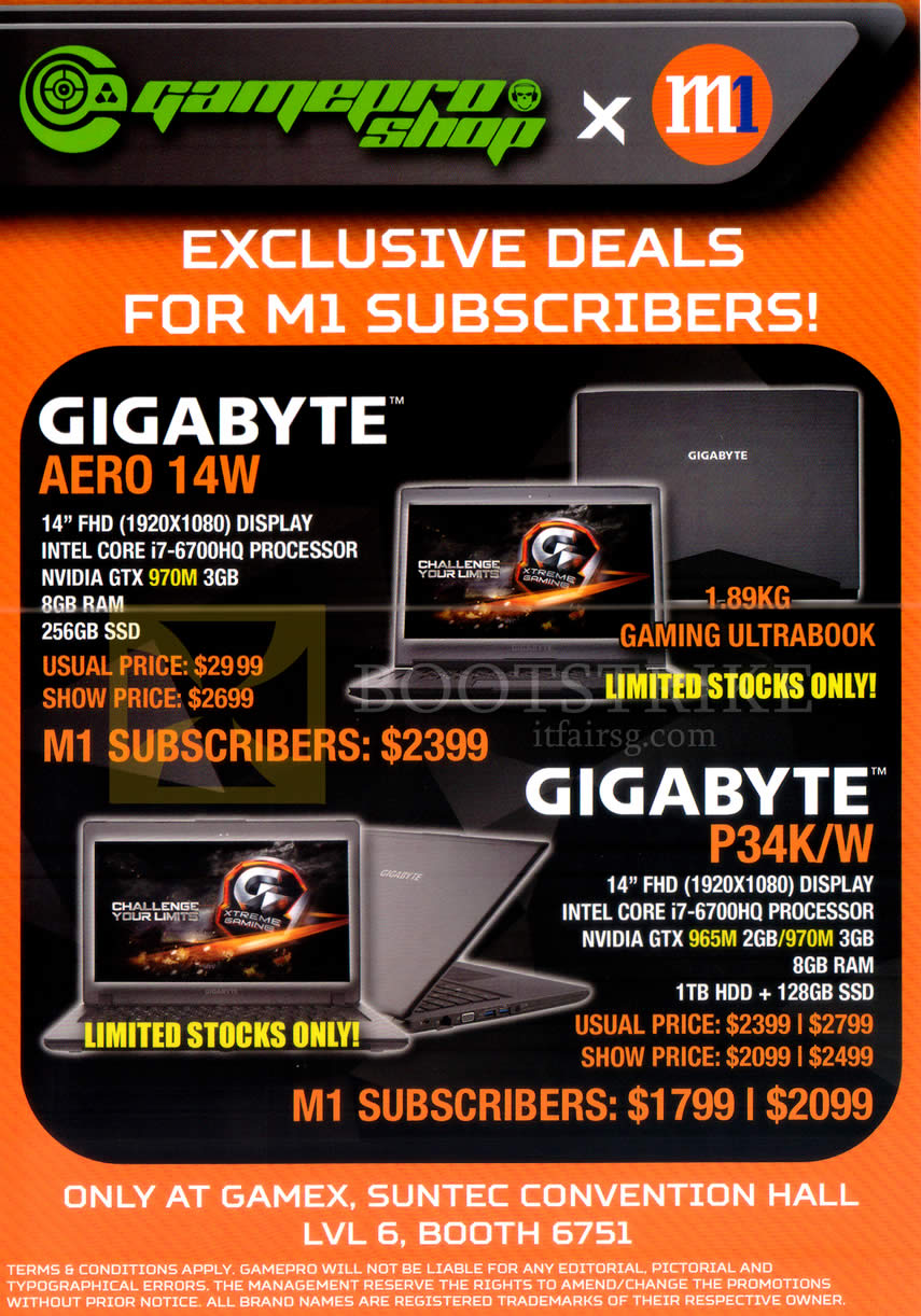 COMEX 2016 price list image brochure of M1 Gamex Deals Subscribers Notebooks Gigabyte, Aero 14W, P34K, W