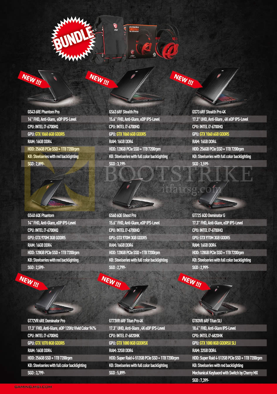 COMEX 2016 price list image brochure of MSI Notebooks Phantom Pro GS43, Stealth GS63, 4K GS73, GS40, Ghost GS60, Dominator G GT72S, GT72VR, Titan Pro GT73VR, SLI GT83VR