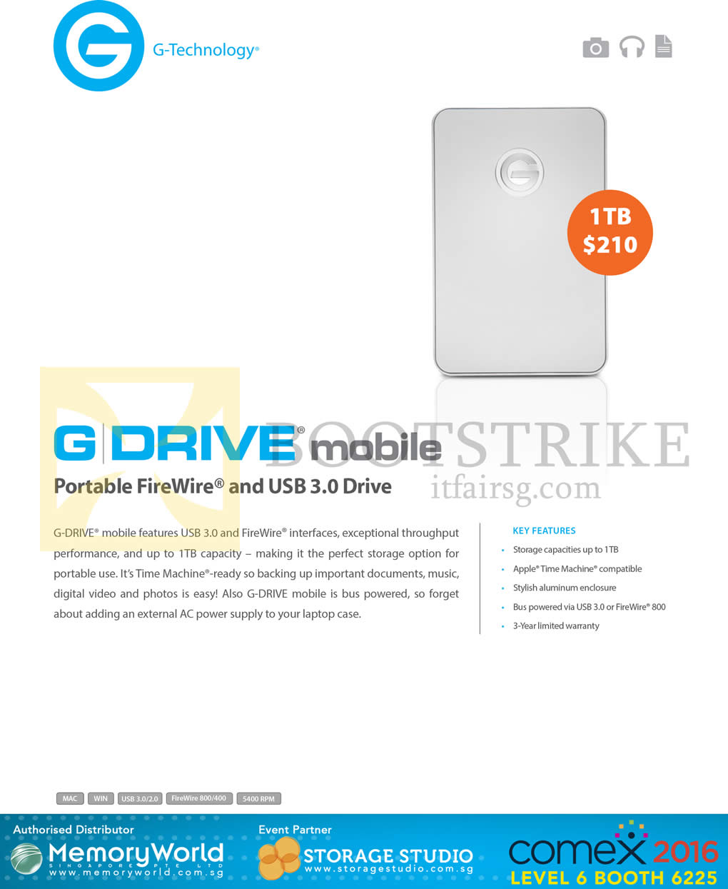 COMEX 2016 price list image brochure of Memory World G-Technology Portable Firewire USB G Drive Mobile 1TB