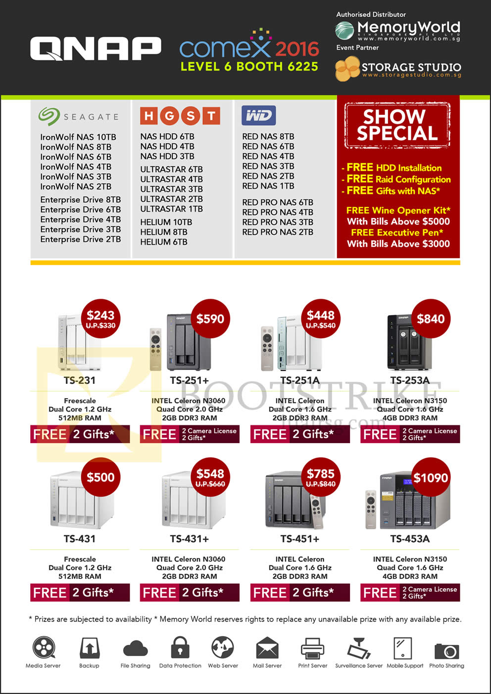 COMEX 2016 price list image brochure of Memory World Qnap NAS TS-231, 251plus, 251A, 253A, 431, 431plus, 451plus, 453A