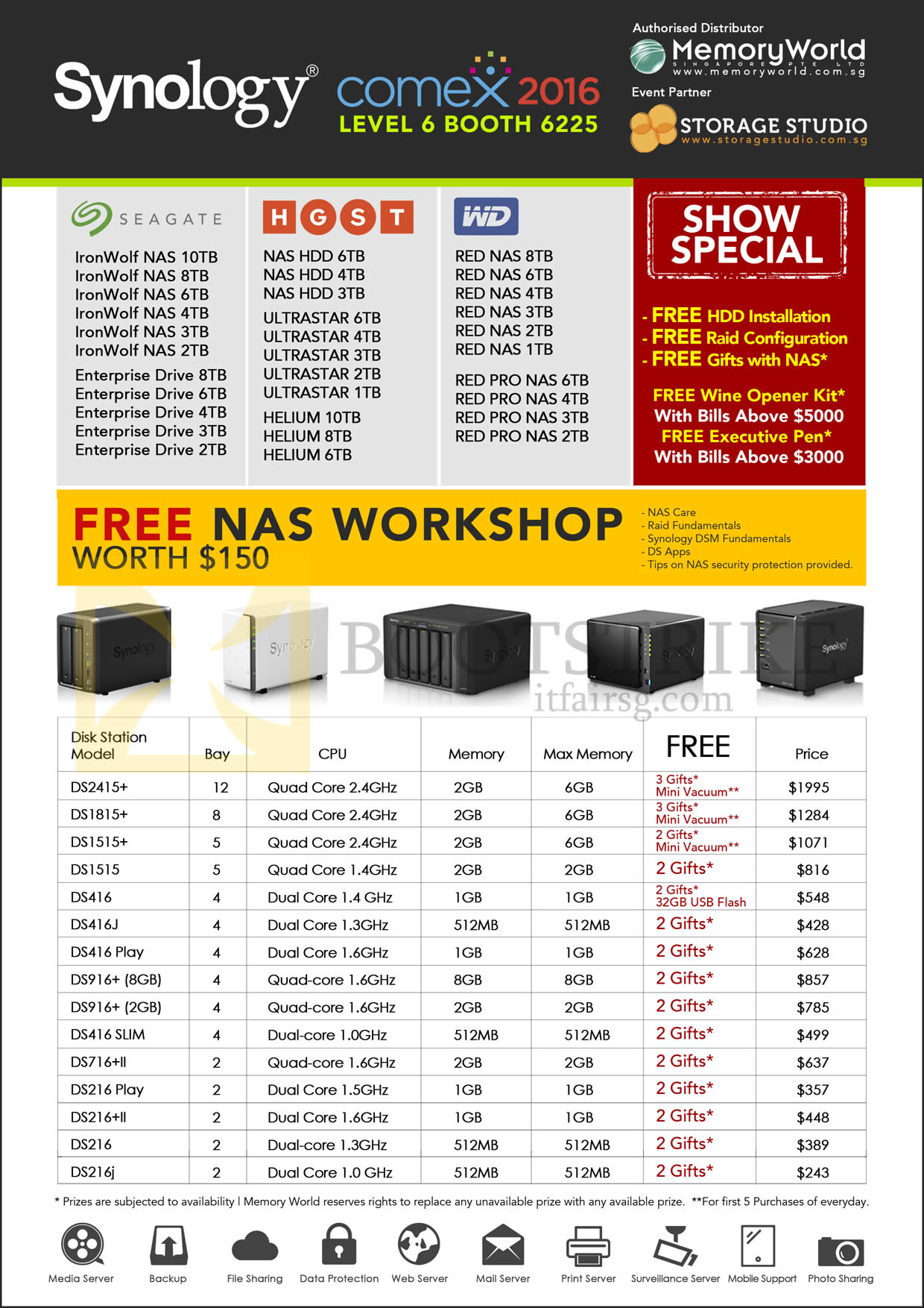 COMEX 2016 price list image brochure of Memory World Synology NAS Diskstation 2415, 1815, 1515, 416, 916, 716, 216, Play, Sum