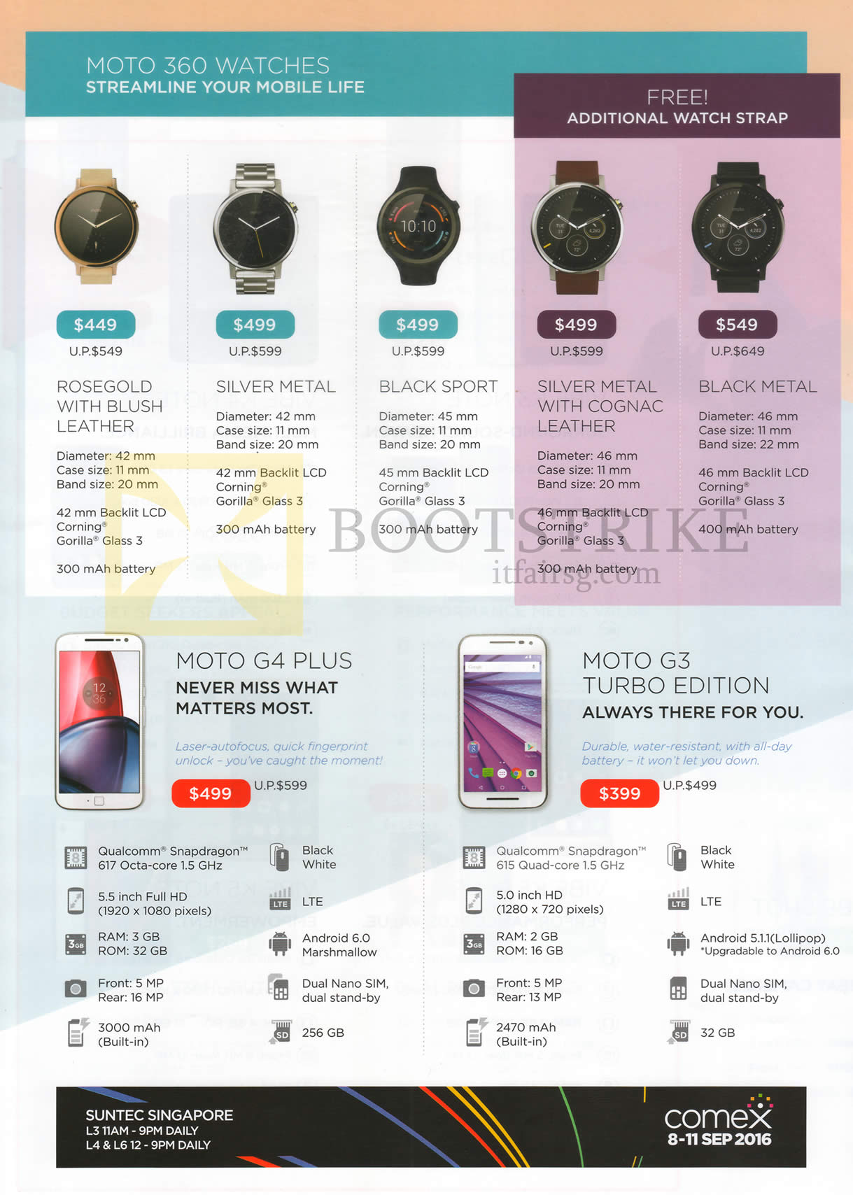 COMEX 2016 price list image brochure of Moto Watches 360, Mobile Plans, Rosegold With Blush Leather, Silver Metal, Black Sport, Silver Metal With Cognac Weather, Black Metal, Moto G4 Plus, G3 Turbo Edition