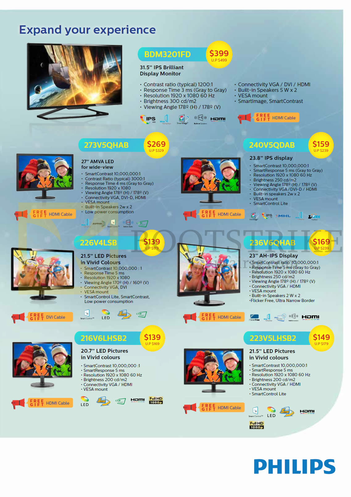 COMEX 2016 price list image brochure of Philips Newstead Monitors BDM3201FD, 273V5QHAB, 240V5QDAB, 226V4LSB, 236V6QHAB, 216V6LHSB2, 223V5LHSB2