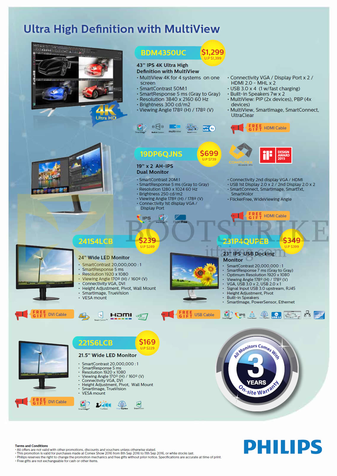 COMEX 2016 price list image brochure of Philips Newstead Monitors IPS AH-IPS LED USB BDM4350UC, 19DP6QJNS, 241S4LCB, 231P4QUPEB, 221S6LCB
