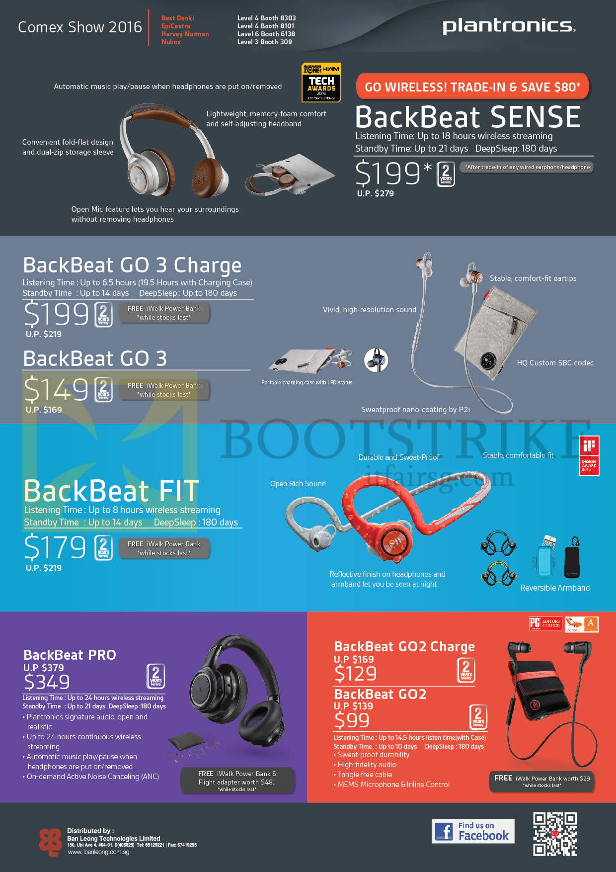 COMEX 2016 price list image brochure of Plantronics Headphones, Earphones, BackBeat SENSE, Go 3 Charge, FIT, PRO, Go2 Charge, Go2