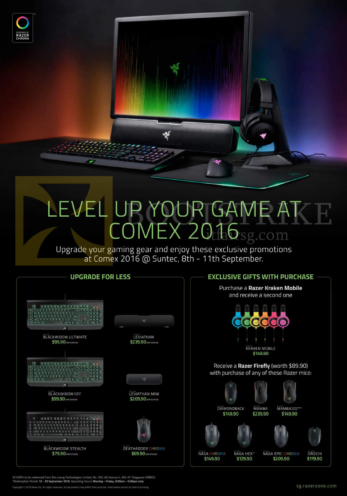 COMEX 2016 price list image brochure of Razer Keyboards, Mouse, Blackwidow Ultimate, Stealth, Kraken Mobile, DiamondBack, Mamba, Naga Chrona, Naga Hex