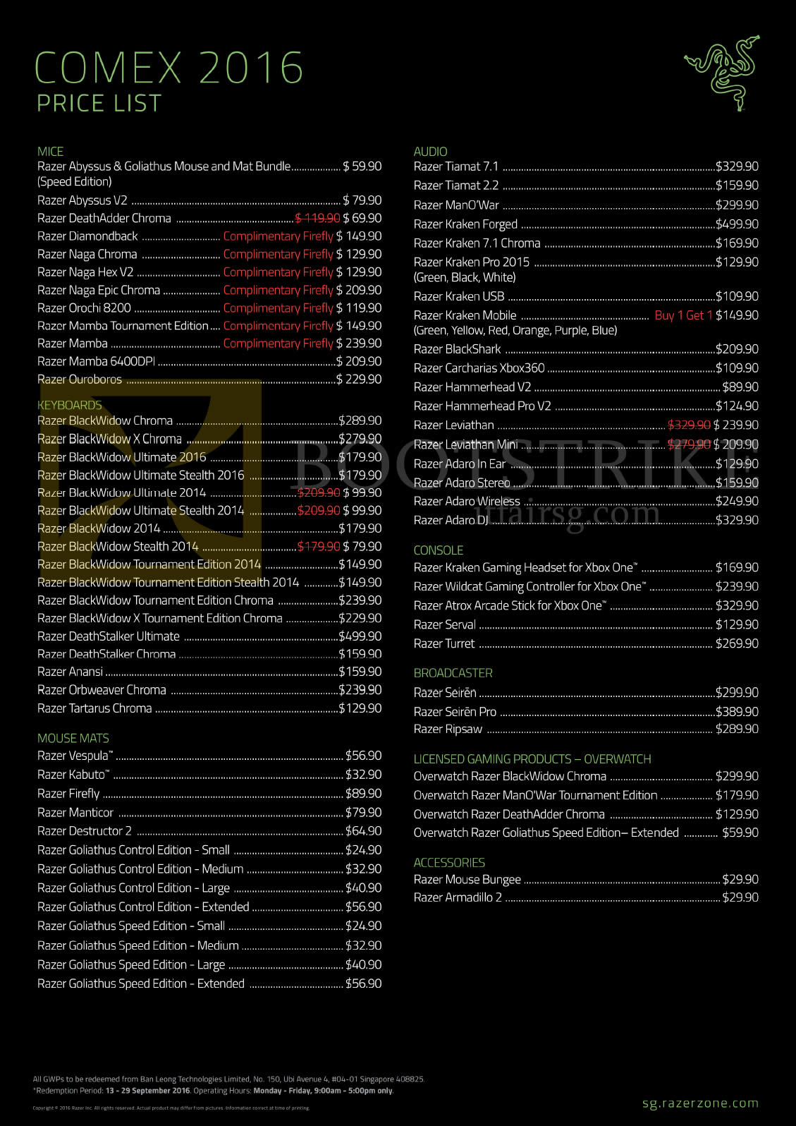 COMEX 2016 price list image brochure of Razer Mouse, Audio, Keyboards, Console, Broadcaster, Mousemats, Gaming Products, Accessories, Overwatch, BlackWidow, Goliathus, Naga, Mamba