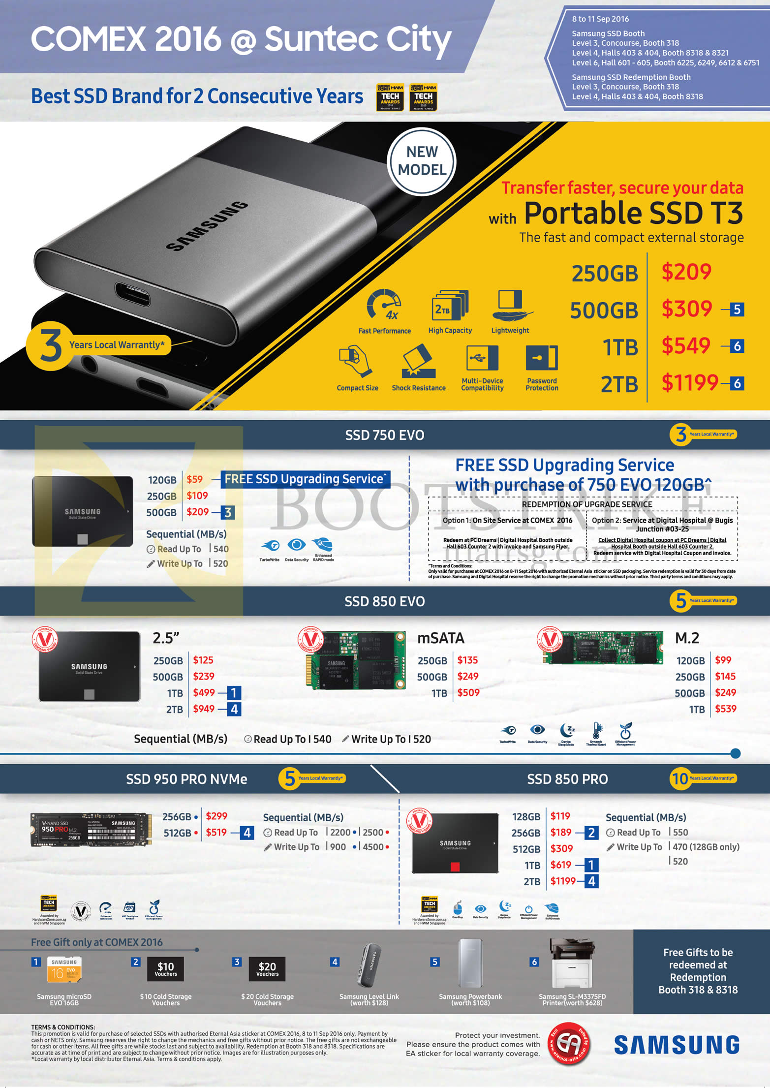 COMEX 2016 price list image brochure of Samsung SSDs Portable SSD T3, SSD 750 EVO, 850 EVO, 950 PRO NVMe, 850 PRO, 120GB, 128GB, 250GB, 500GB, 512GB, 1TB, 2TB