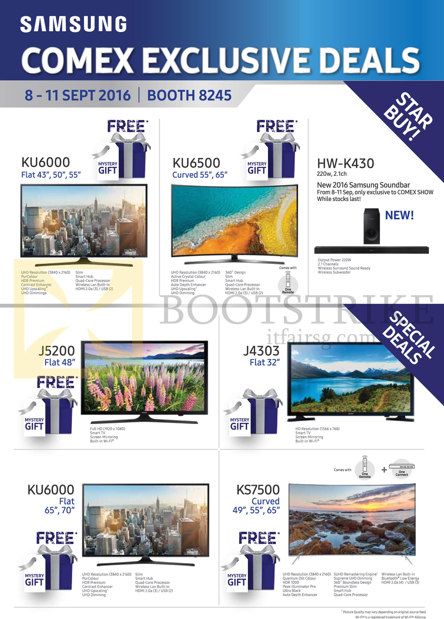 COMEX 2016 price list image brochure of Samsung TVs (No Prices) KU6000, KU6500, HW-K430, J5200, J4303, KS7500