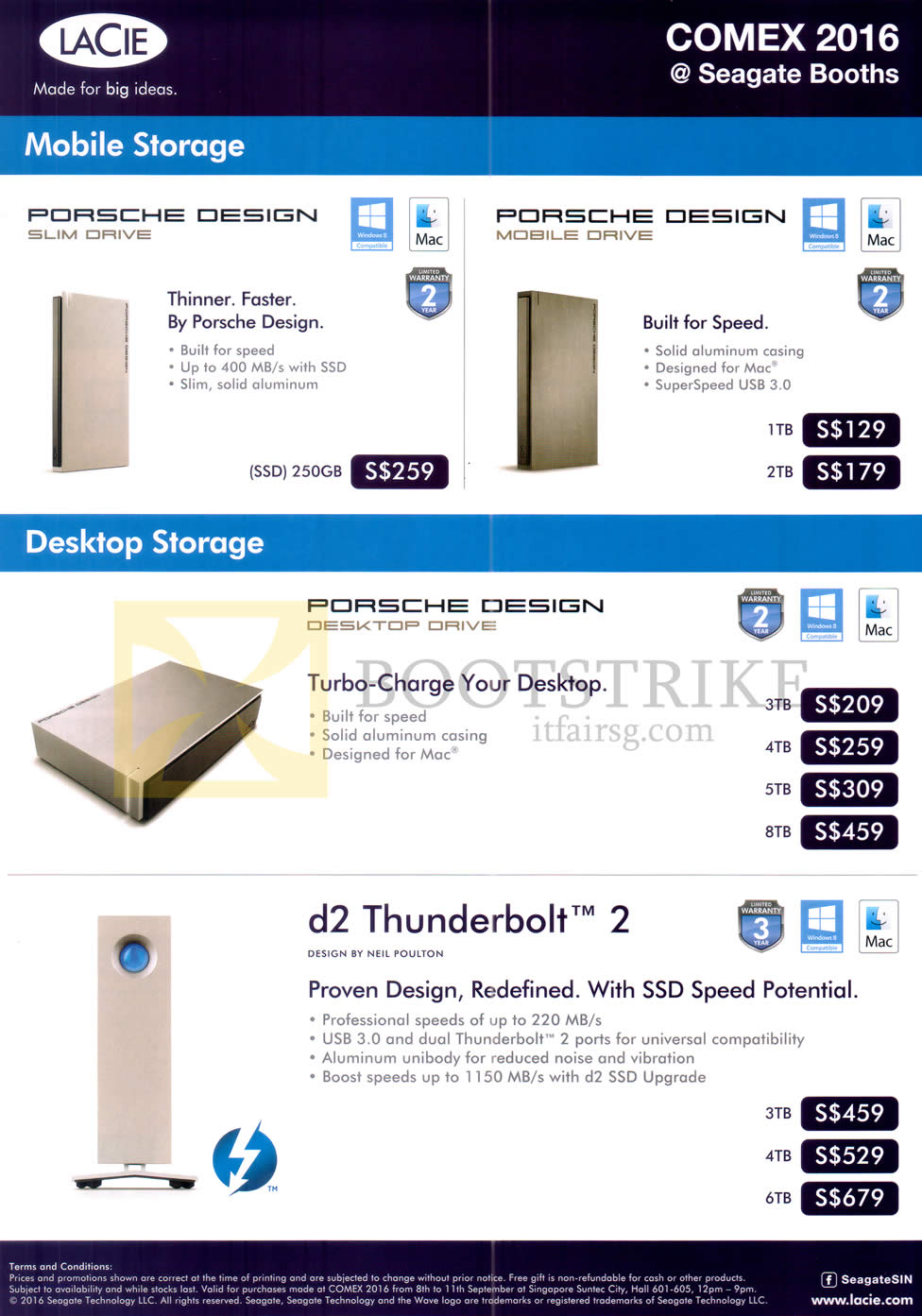 COMEX 2016 price list image brochure of Seagate Lacie Mobile Exernal Storage, Desktop Storage, Porsche Design, Slim, Mobile Drive, D2 Thunderbolt 2