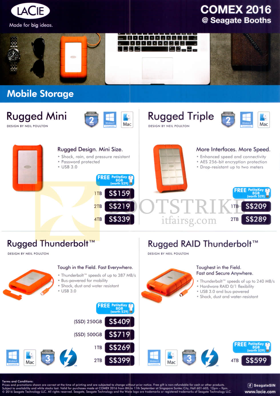 COMEX 2016 price list image brochure of Seagate Lacie Mobile External Storage Rugged Mini, Rugged Triple, Thunderbolt, Raid Thunderbolt, 250GB, 500GB, 1TB, 2TB, 4TB