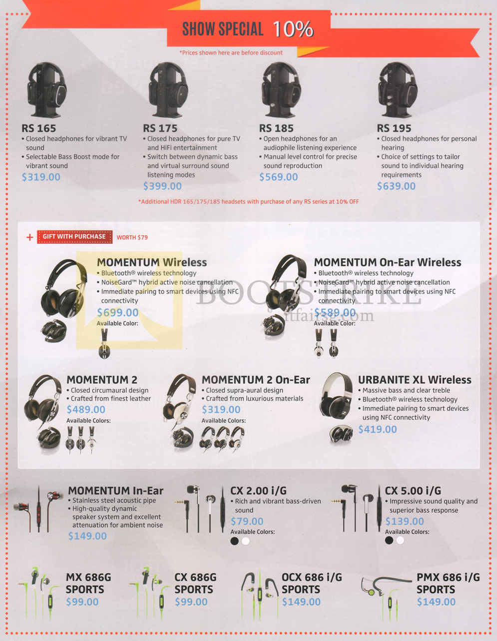 COMEX 2016 price list image brochure of Sennheiser Headphones, Earphones, RS 165, 175, 185, 195, Momentum, On-Ear, 2, 2 On-Ear, Urbanite XL Wireless, Momentum In-Ear, CX 2.00 I, Cx 5.00 I, MX686G, 686, PMX 686 Sports