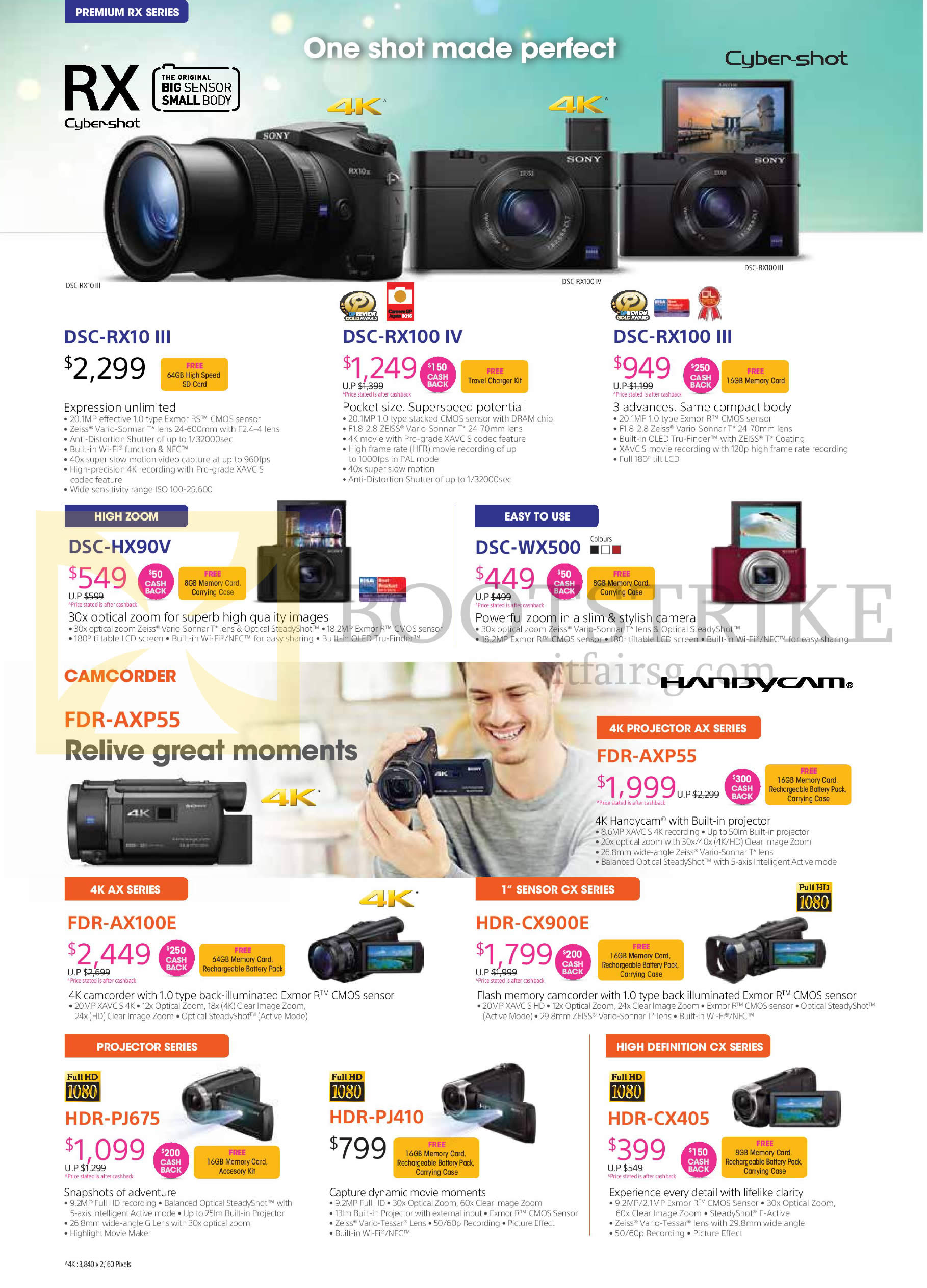 COMEX 2016 price list image brochure of Sony Digital Camcorders DSC-RX10 III, RX100 IV, III, HX90V, WX500, FDR-AXP55, AX100E, HDR-CX900E, PJ675, PJ410, CX405