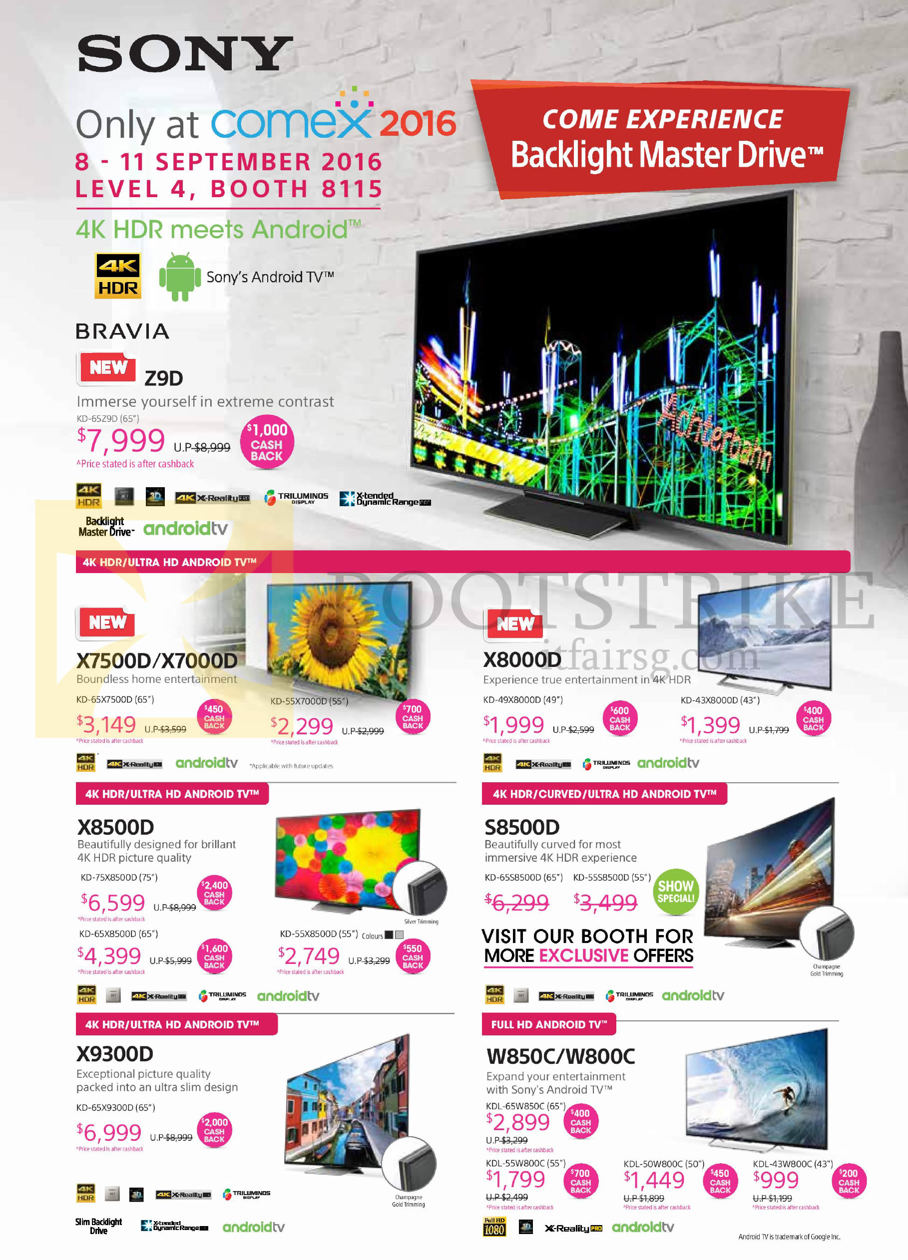 COMEX 2016 price list image brochure of Sony TVs Bravia Z9D, X7500D, X7000D, X8000D, X8500D, S8500D, X9300D, W850C, W800C