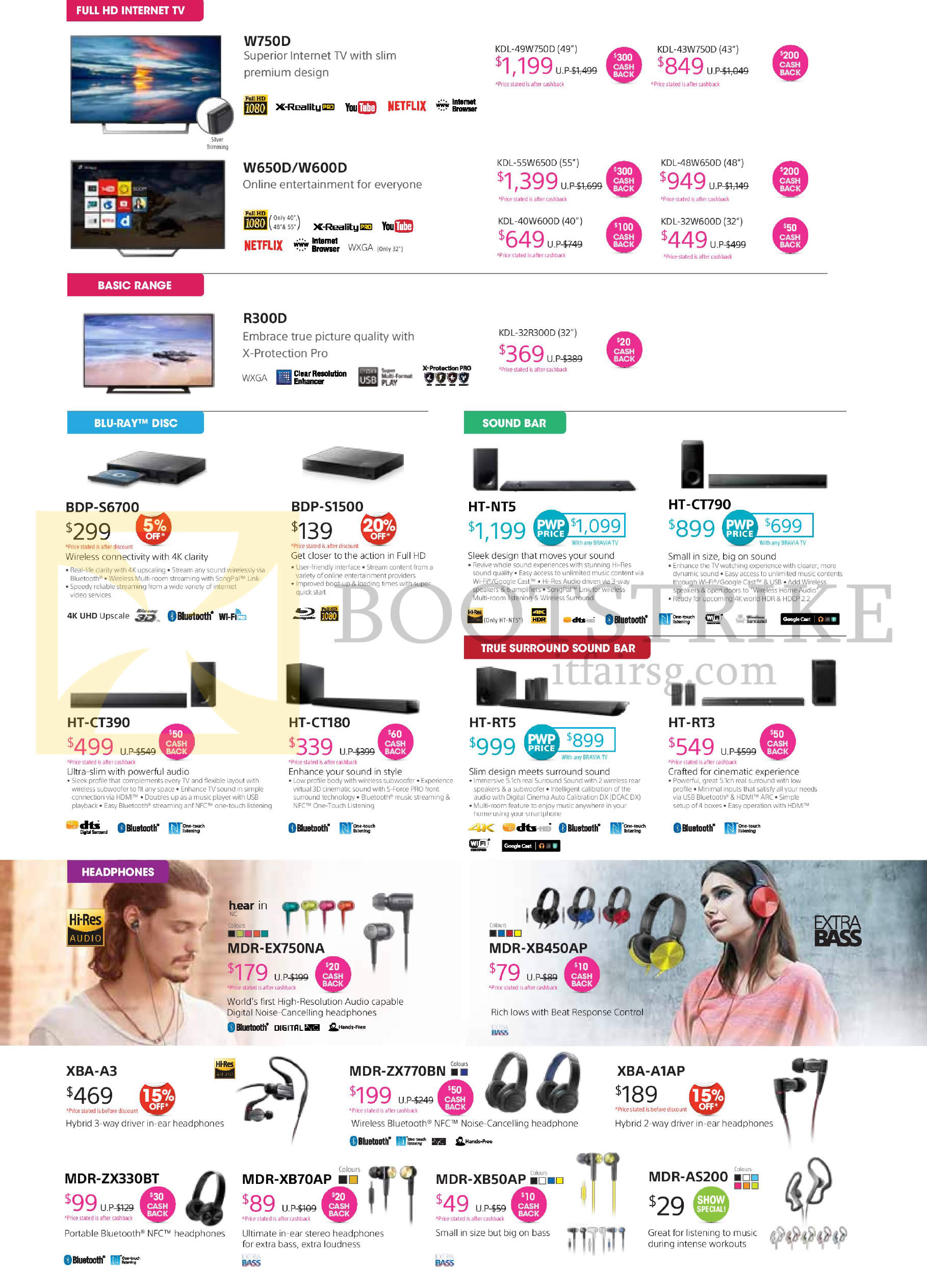 COMEX 2016 price list image brochure of Sony TVs, Blu Ray Players, Soundbars, Headphones, W750D W650D W600D R300D BDP-S6700, S1500, HT-NT5, CT790 CT390, CT180, RT5, RT3, MDR-EX750NA, XB450AP, XBA-A3, A1AP, ZX770BN