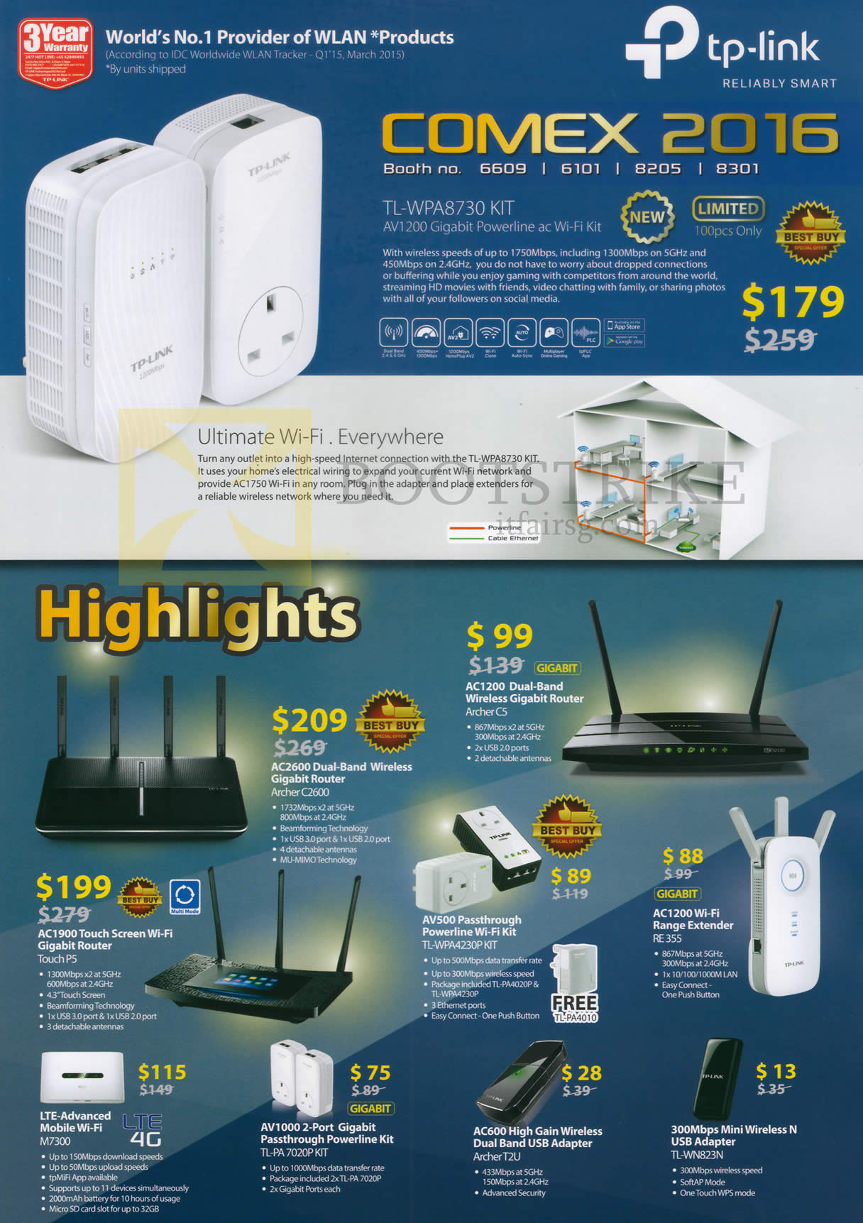 COMEX 2016 price list image brochure of TP-Link Networking Wireless Kit, Routers, Adapters, Powerline Kit, USB Adapter, TL-WPA8730 KIT, AC2600, AC1200, AV500, AC1900, AV1000