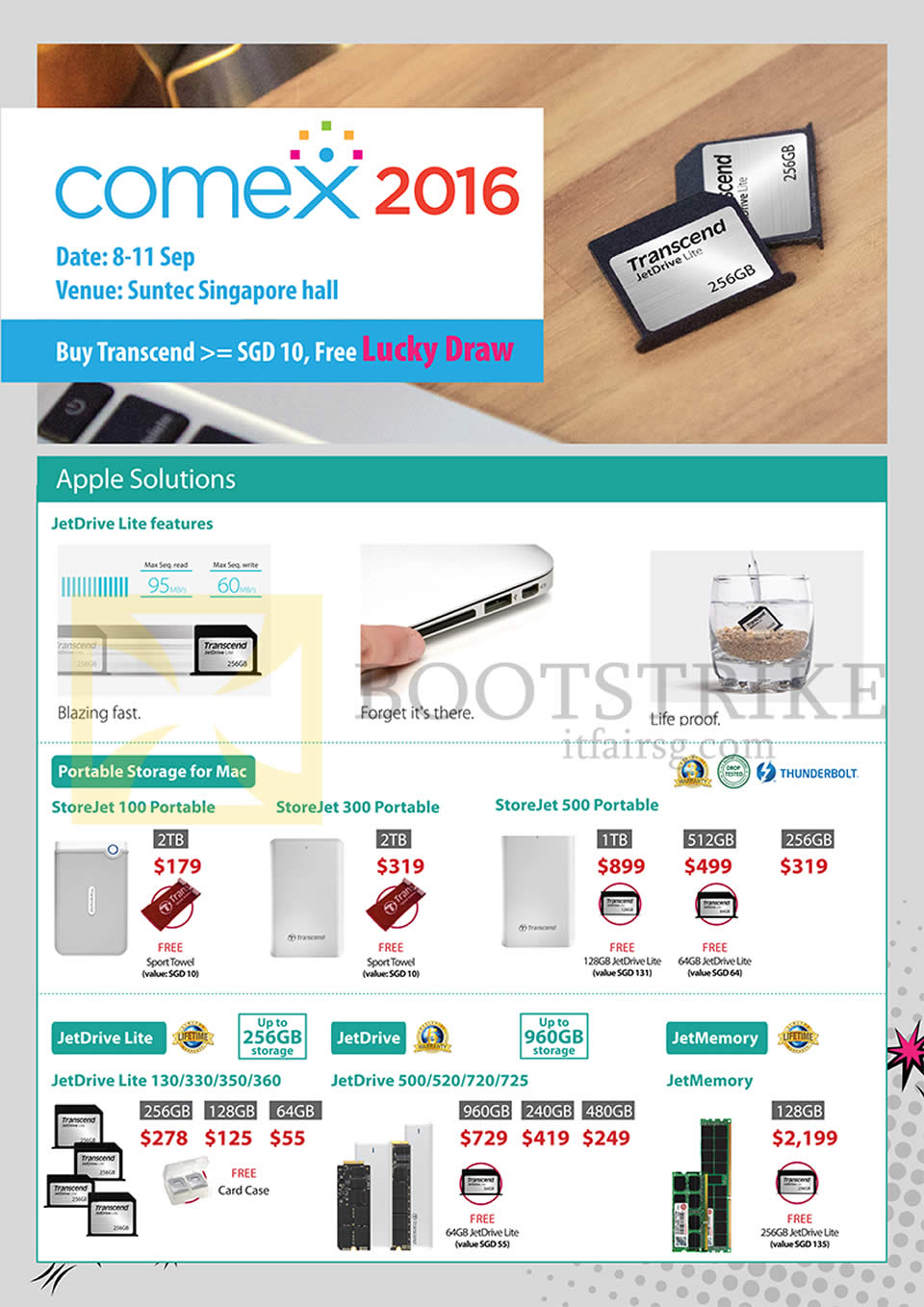 COMEX 2016 price list image brochure of Transcend Apple Solutions, Portable Storage For Mac, JetDrive Lite, Memory, 64GB, 128GB, 256GB, 240GB, 960GB, 480GB, 1TB, 2TB
