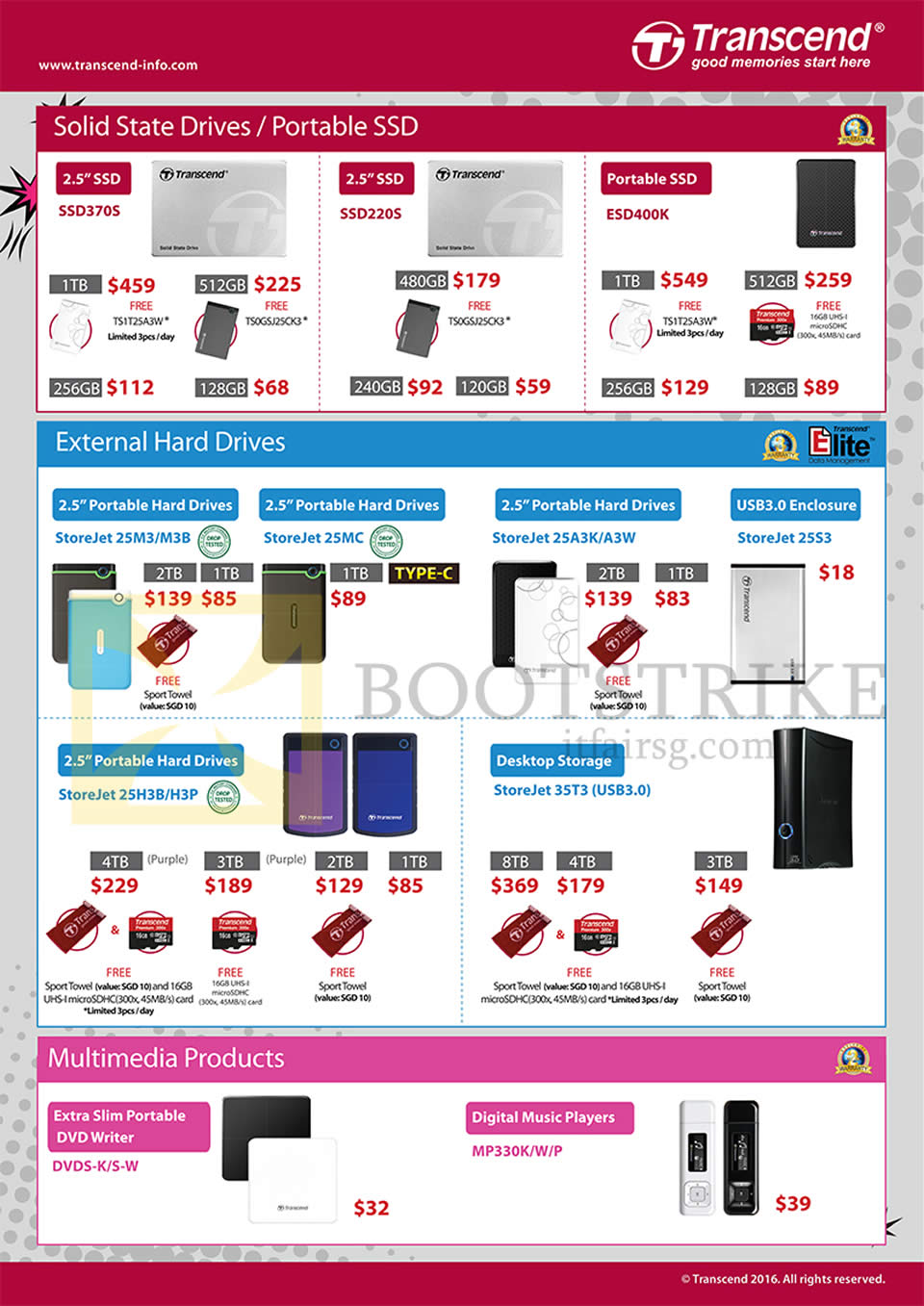 COMEX 2016 price list image brochure of Transcend SSDs, Portable SSD, External Hard Drives, Multimedia, SSD370s, 220s, ESD400K, Storejet 25M3, M3B, 25MC, 25A3K, A3W, 25S3, 25H3B, H3P, 25T3, DVDS-KSW