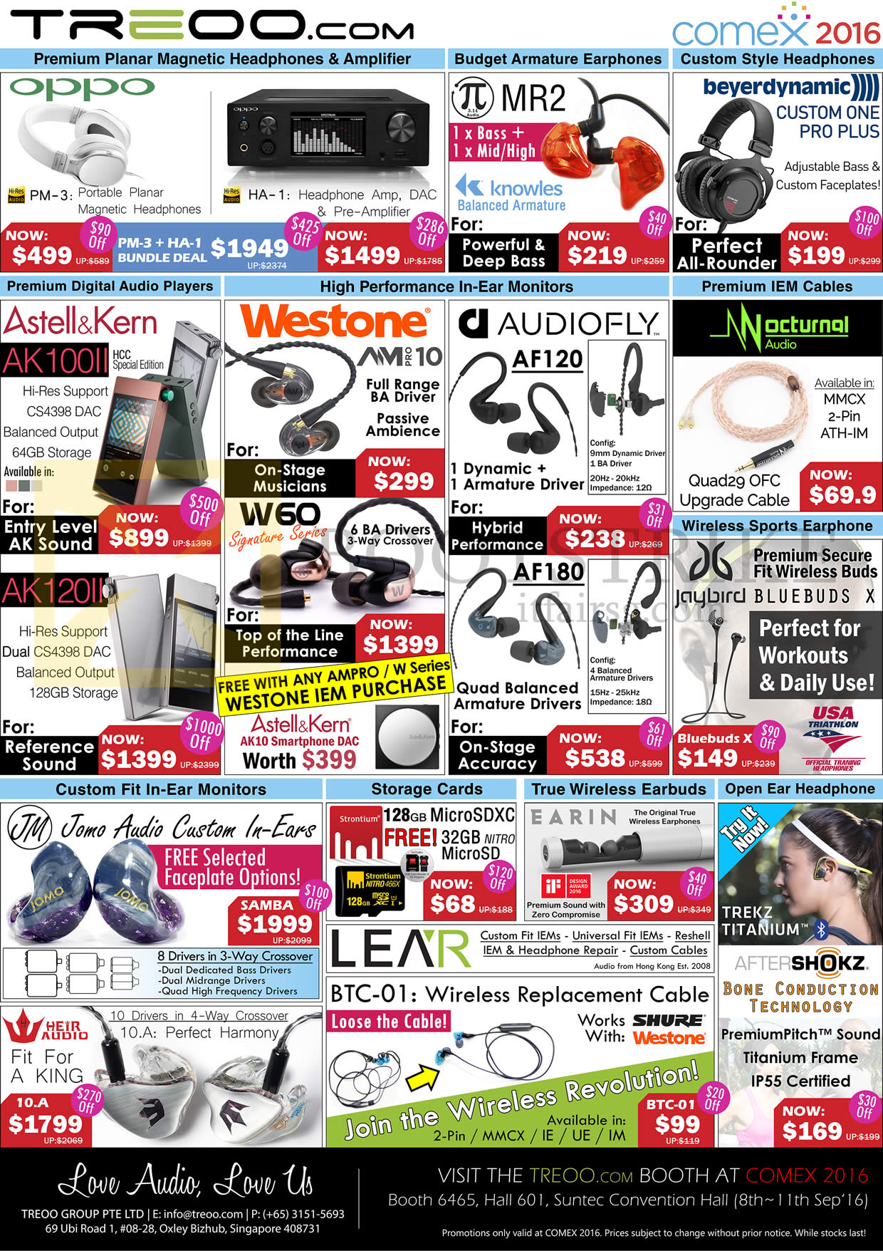 COMEX 2016 price list image brochure of Treoo Headphones, Almplifier, Earphones, Cables, MicroSD Card, Oppo, MR2, Beyerdynamic, Astell N Kern, Westone, Audiofly, W60