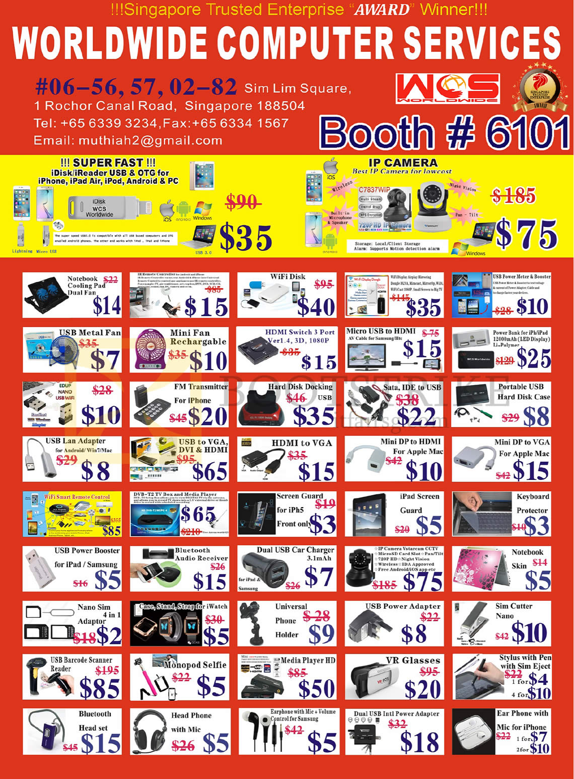 COMEX 2016 price list image brochure of Worldwide Computer Accessories IP Camera, IDisk, IReader, Notebook Cooling Pad, Wifi Disk, USB Fan, FM Transmitter, Cable, Adapter, Headset, Earphone, VR Glass, Media Player