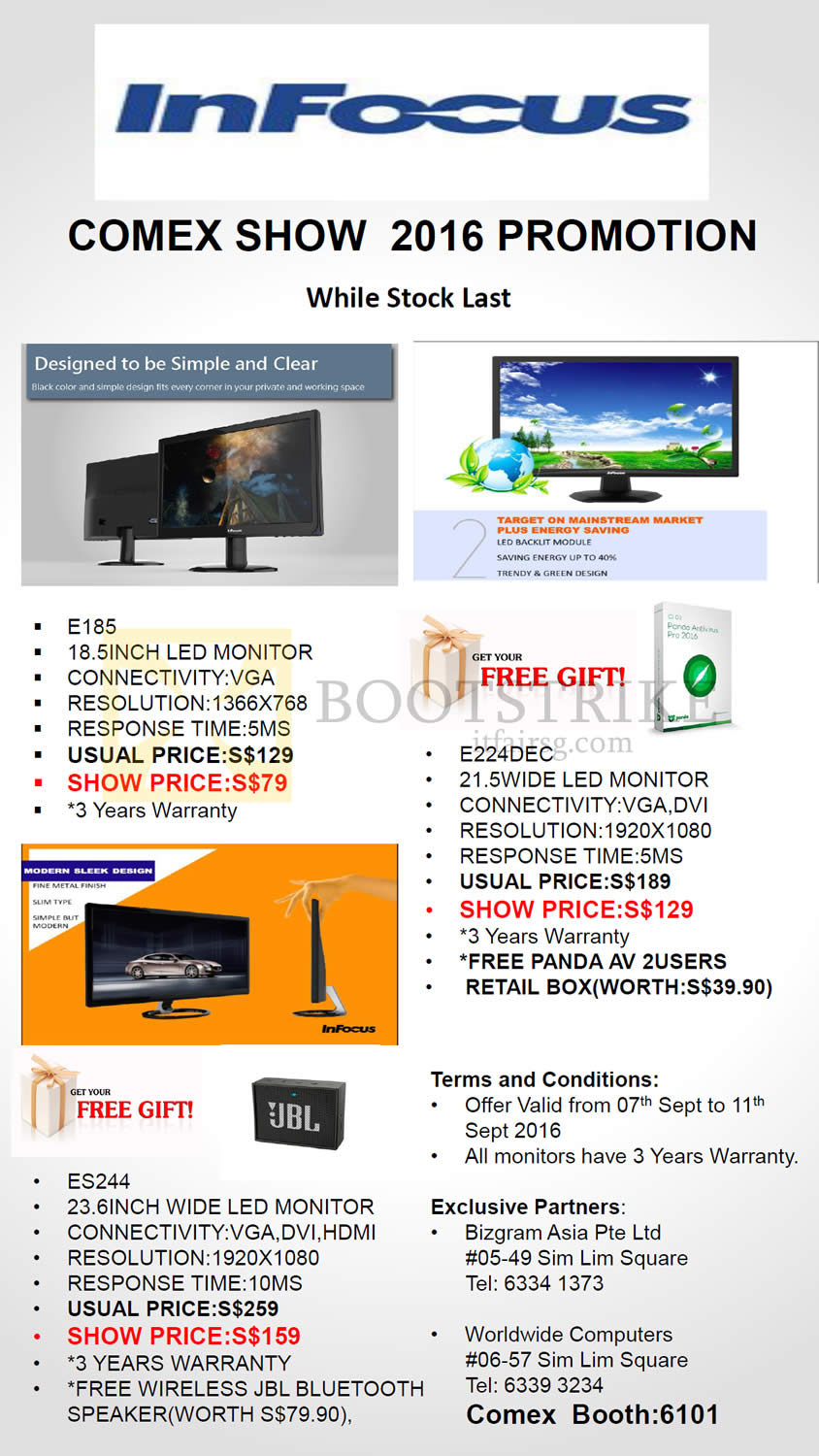 COMEX 2016 price list image brochure of Worldwide Computers InFocus Monitors LED E185, E224DEC, ES244