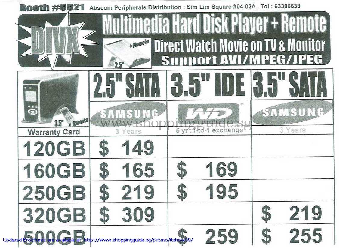 IT Show 2008 price list image brochure of Abscom DivX Multimedia HDD Media Player SATA IDE Samsung WD