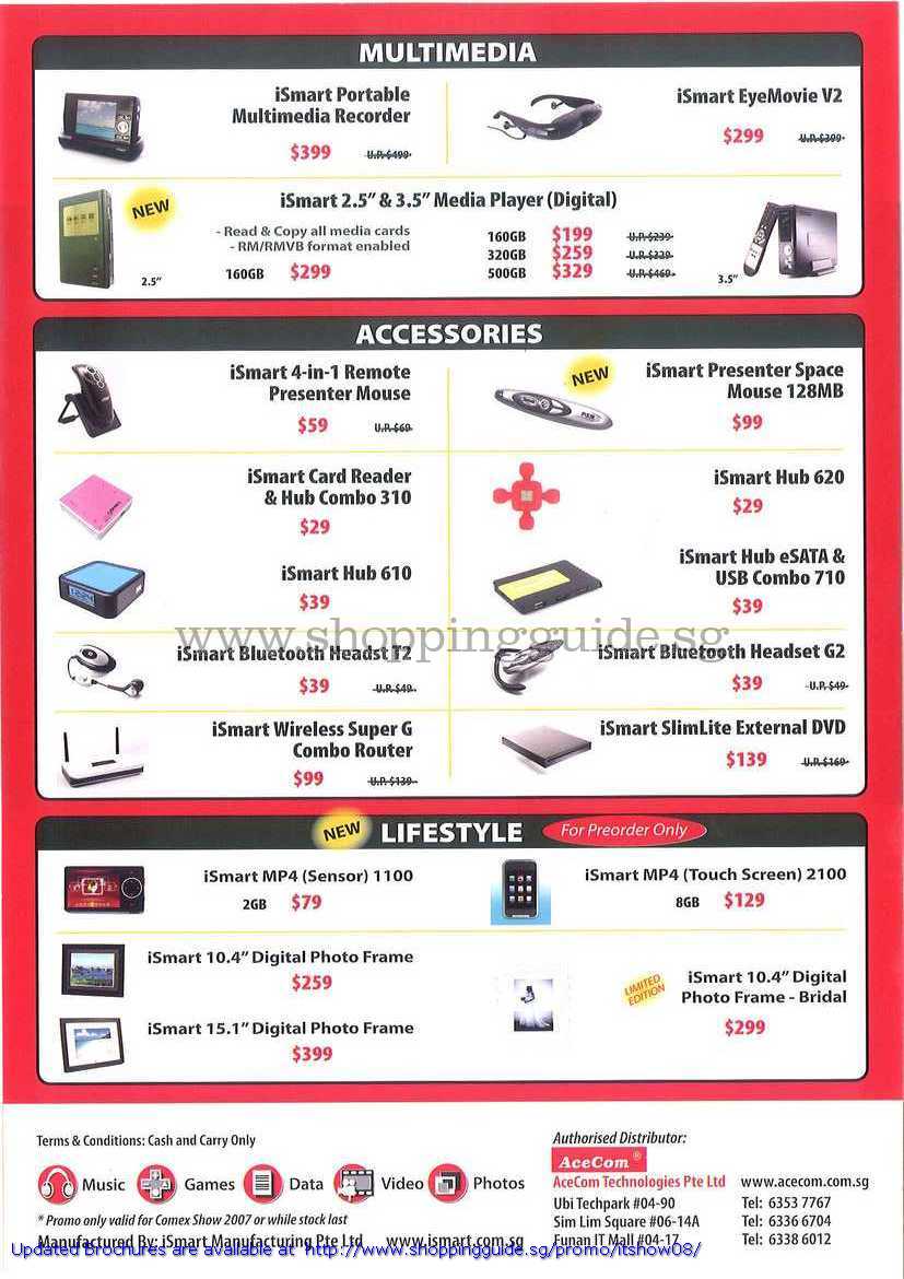 IT Show 2008 price list image brochure of AceCom ISmart Media Player Mouse Hub Reader Wireless DVD Digital Photo Frame