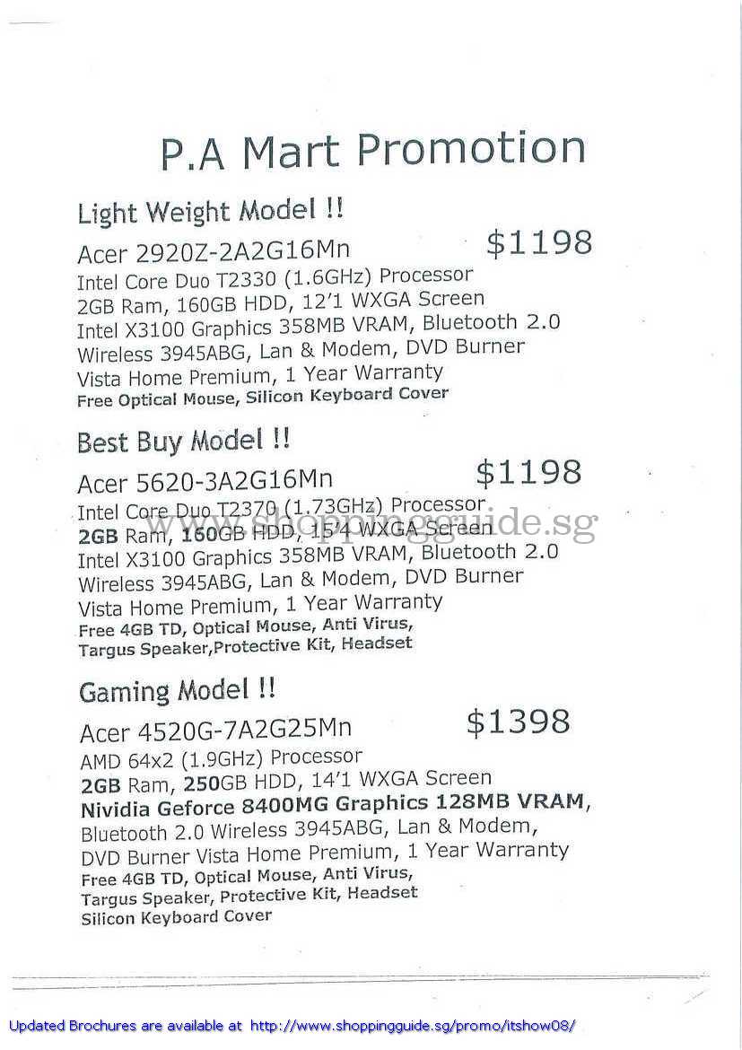 IT Show 2008 price list image brochure of Acer Notebook 2920z 5620 4520g PA Mart