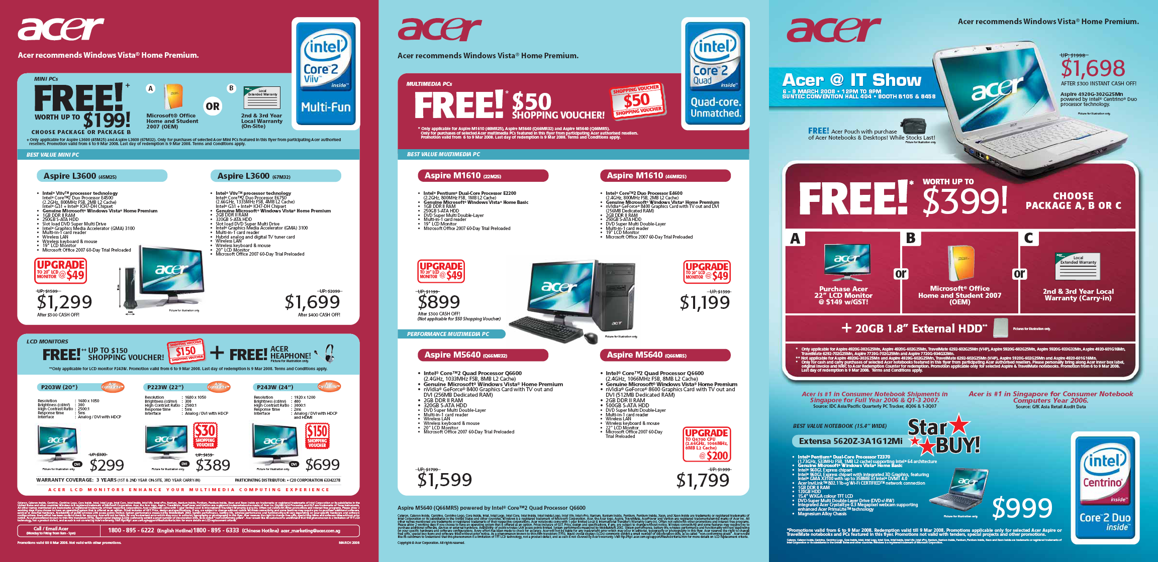 IT Show 2008 price list image brochure of Acer Notebooks Desktops Aspire L3600 LCD Monitors M1610 M5640 4920G Extensa 5620z