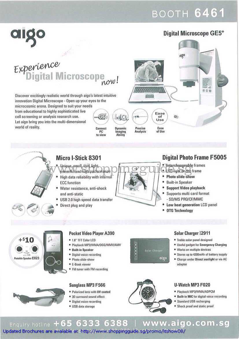 IT Show 2008 price list image brochure of Aigo Digital Microscope Photo Frame Video Player A390 Sunglass Mp3 F566 U-Watch Mp3 F020