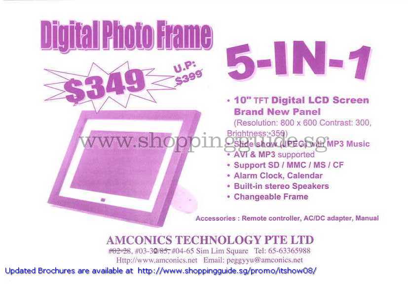 IT Show 2008 price list image brochure of Amconics Digital Photo Frame 5 In 1 10 TFT LCD Mp3 Speakers