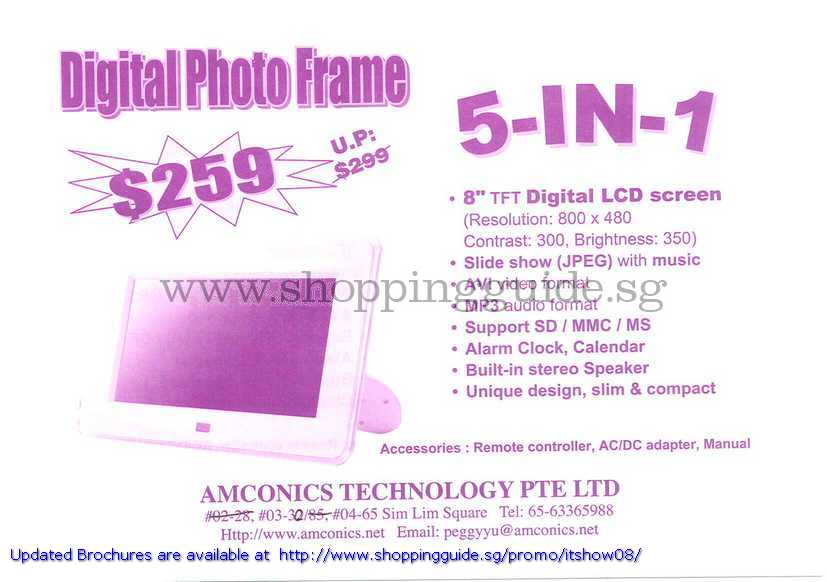IT Show 2008 price list image brochure of Amconics Digital Photo Frame 5 In 1 Alarm Clock Speaker