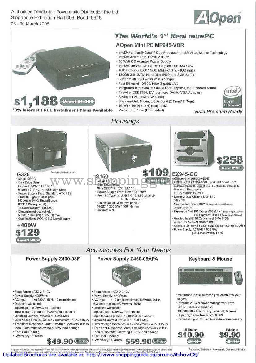 IT Show 2008 price list image brochure of Aopen Mini PC MP945 Housing G326 S150 EX945 Power Supply Z400 Z450 Keyboard Mouse