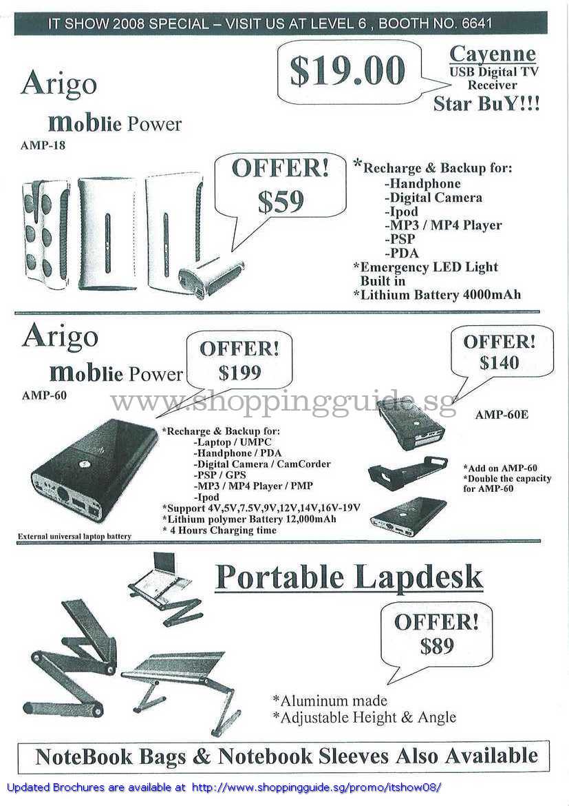 IT Show 2008 price list image brochure of Arigo Mobile Power Recharger USB Digital TV Receiver Portable Lapdesk