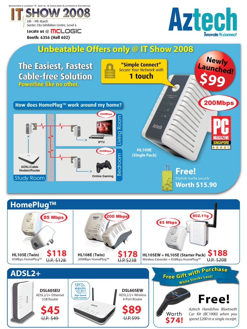IT Show 2008 price list image brochure of Aztech Homeplug ADSL Wireless USB Router Ethernet
