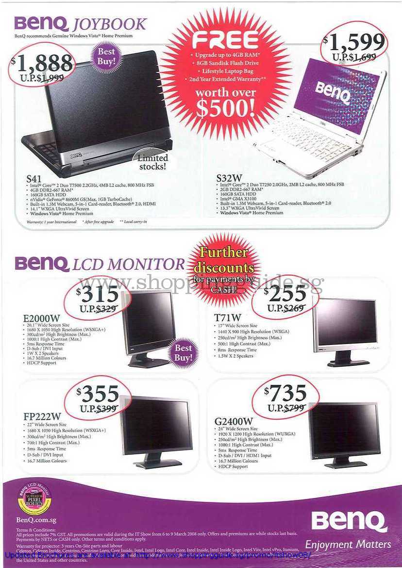 IT Show 2008 price list image brochure of BenQ Notebooks Joybook S41 S32W LCD Monitors E2000W T71W FP222W G2400W